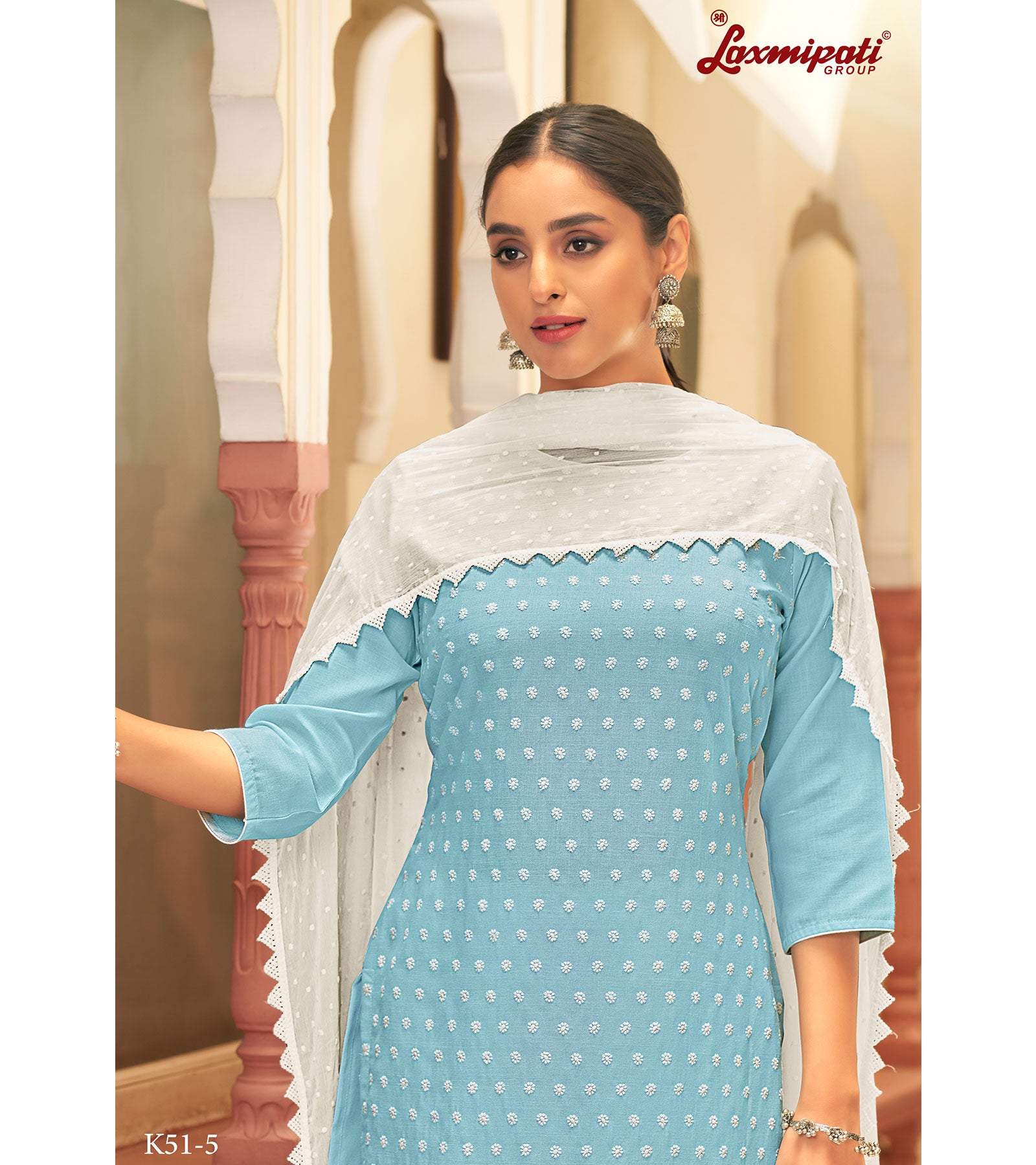 Laxmipati Ishaal Cotton Base Sky Blue Straight Cut Kurti With Pant & Dupatta