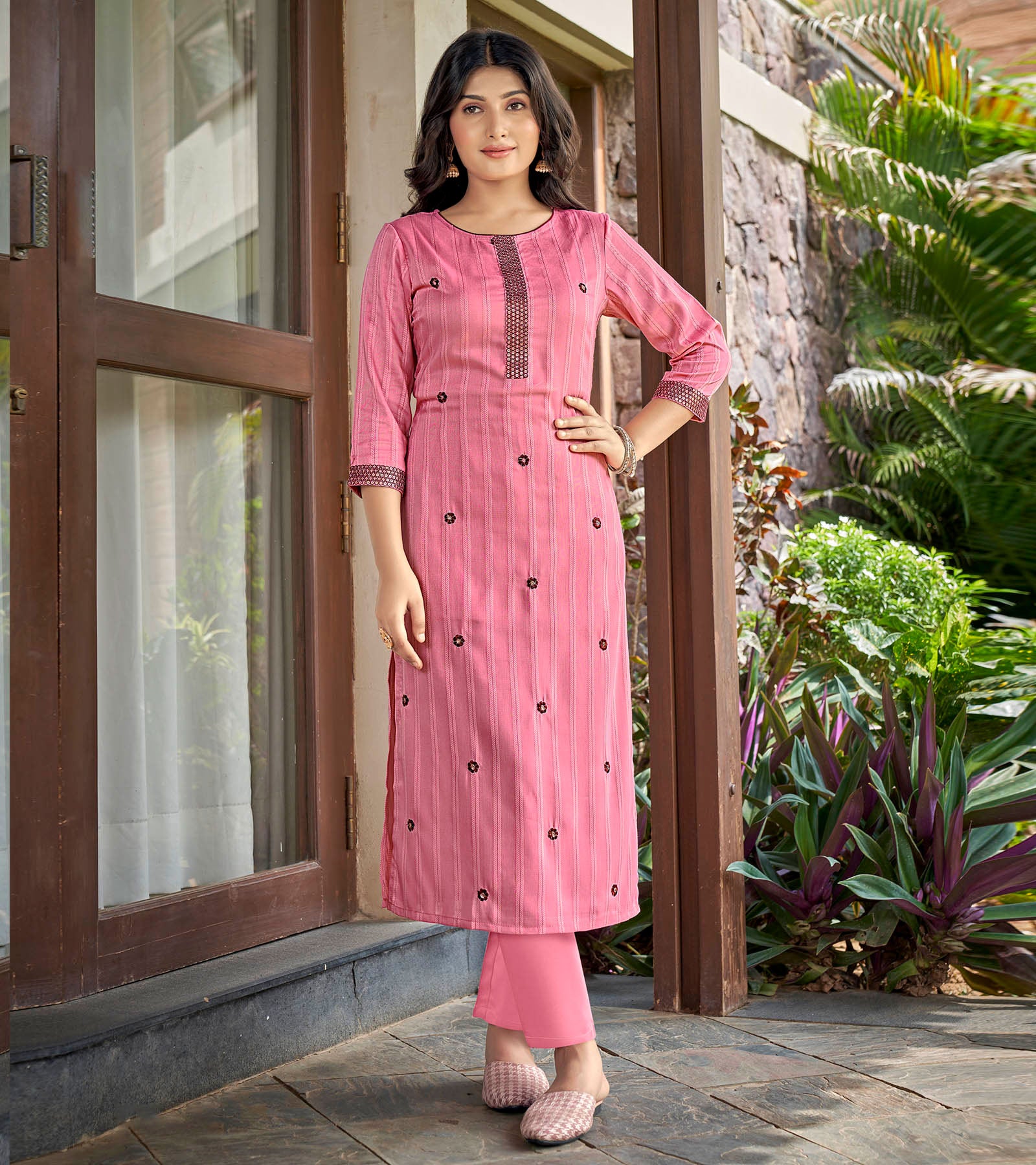 Laxmipati Nylon Cotton Blush Pink Embroidery Sequence Kurti With Pant