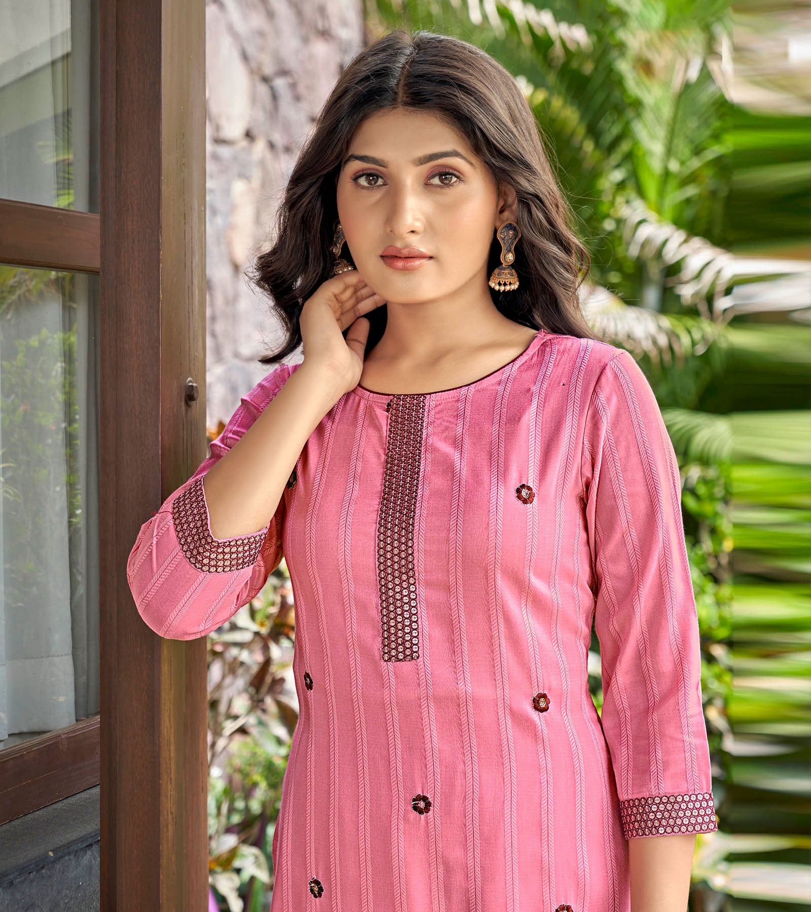 Laxmipati Nylon Cotton Blush Pink Embroidery Sequence Kurti With Pant