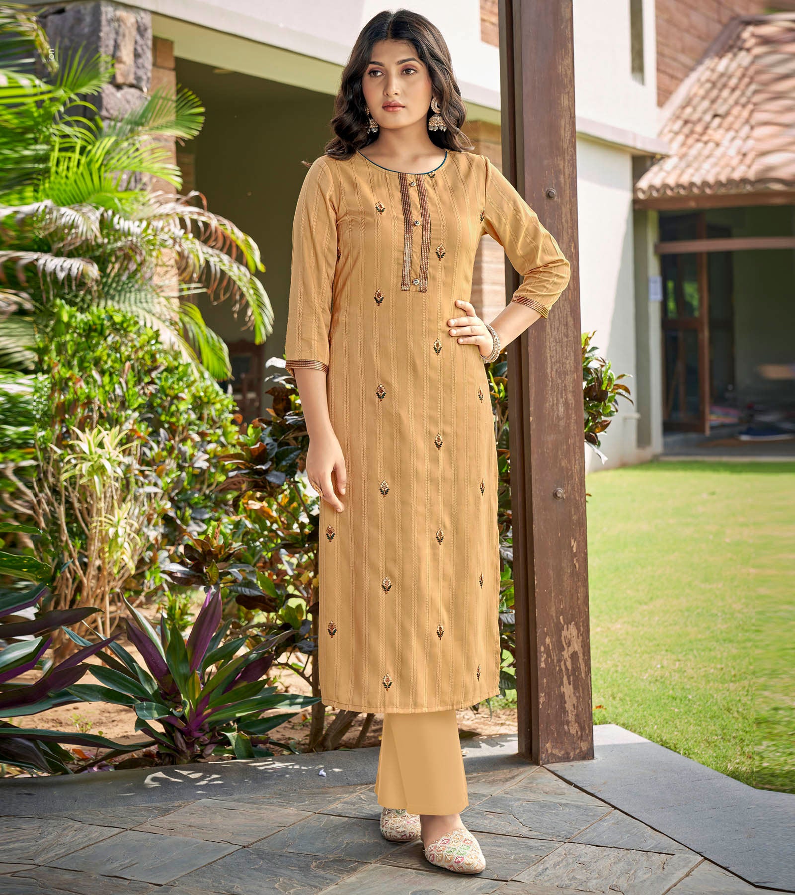Laxmipati Nylon Cotton Oat Yellow Embroidery Sequence Kurti With Pant