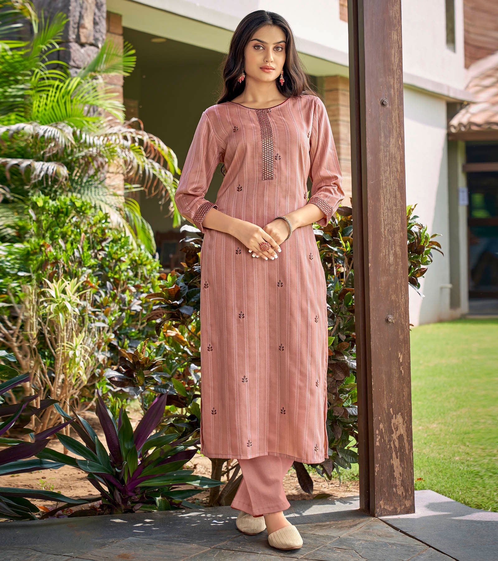 Laxmipati Nylon Cotton Pink Rapture Embroidery Sequence Kurti With Pant
