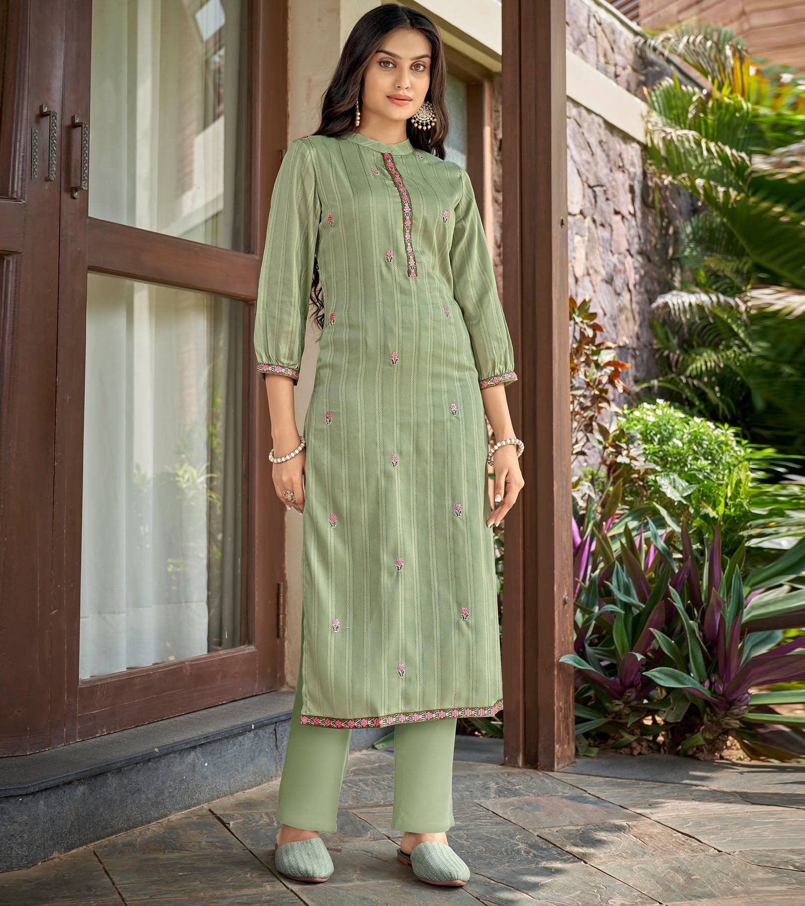 Laxmipati Nylon Cotton Mint Green Embroidery Sequence Kurti With Pant
