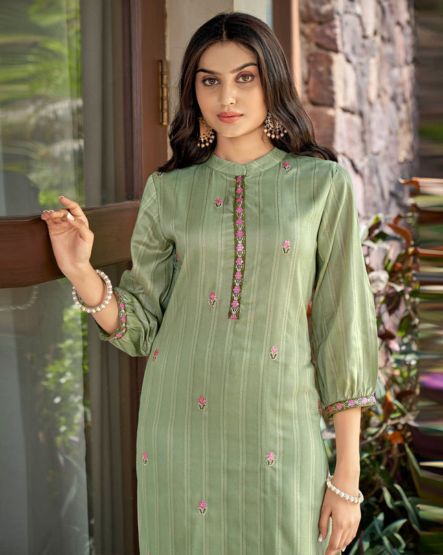 Laxmipati Nylon Cotton Mint Green Embroidery Sequence Kurti With Pant