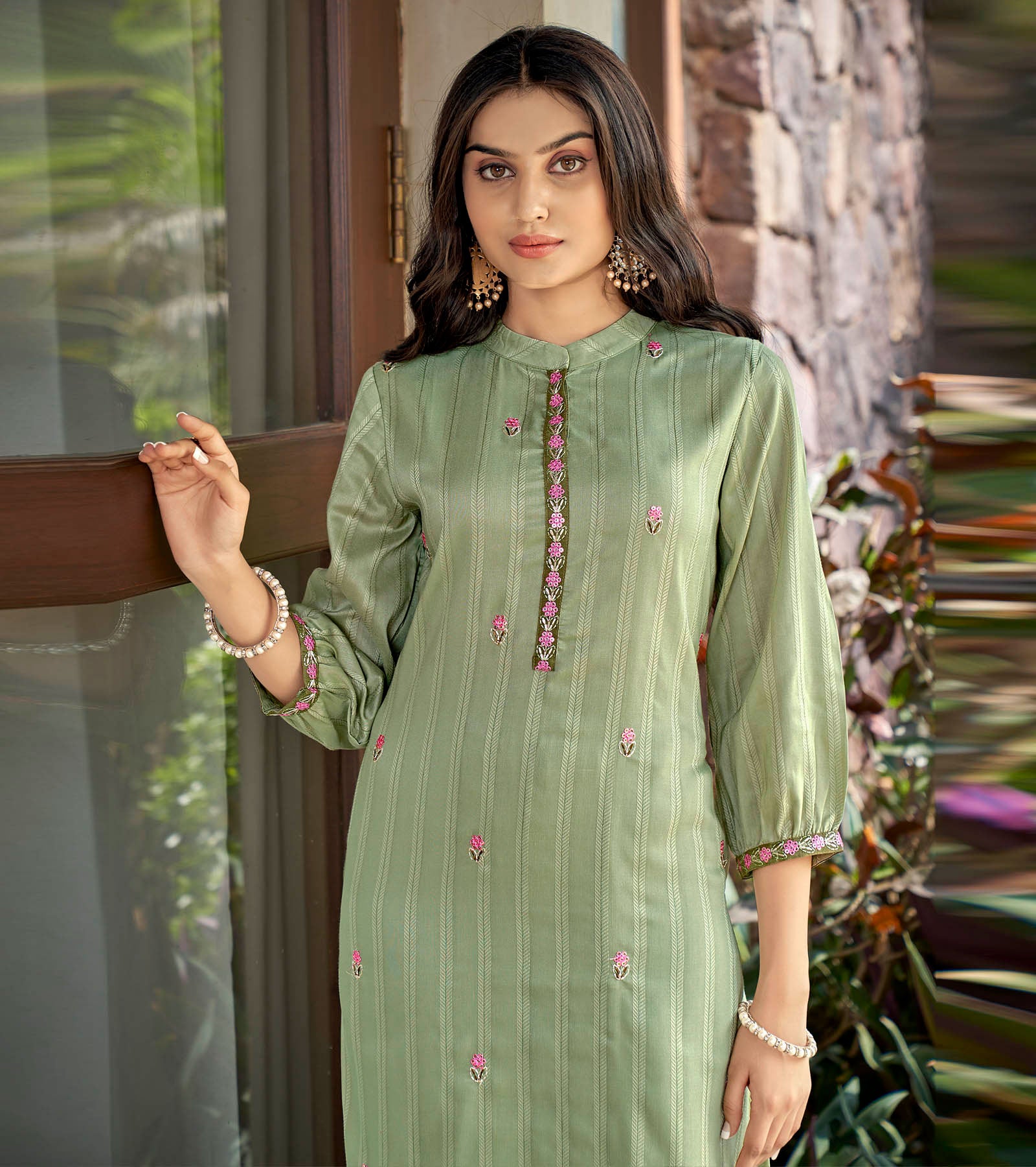 Laxmipati Nylon Cotton Mint Green Embroidery Sequence Kurti With Pant