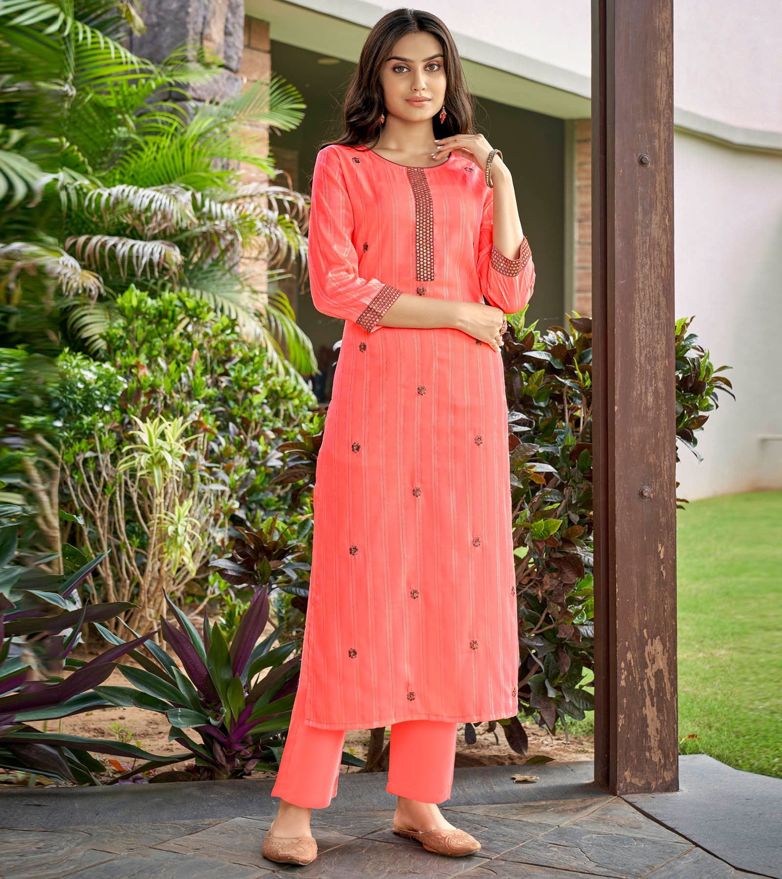 Laxmipati Nylon Cotton Orange Soda Embroidery Sequence Kurti With Pant