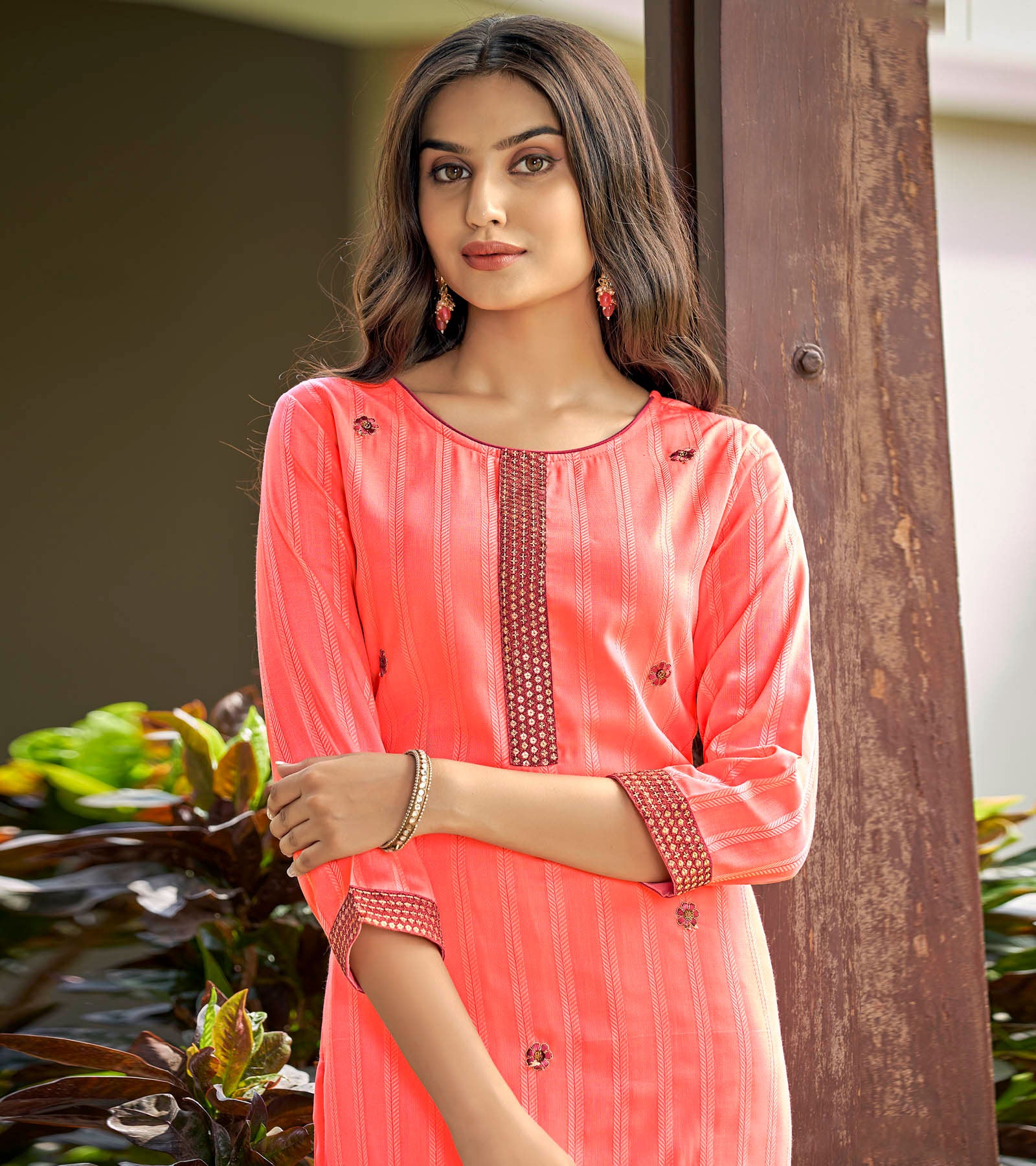 Laxmipati Nylon Cotton Orange Soda Embroidery Sequence Kurti With Pant