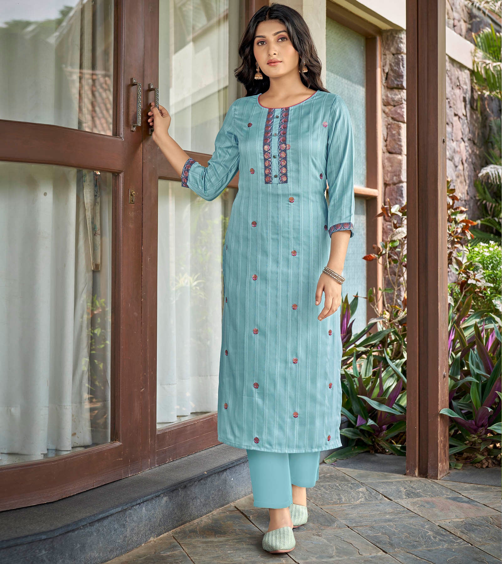 Laxmipati Nylon Cotton Sky Blue Embroidery Sequence Kurti With Pant
