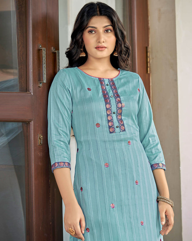 Laxmipati Nylon Cotton Sky Blue Embroidery Sequence Kurti With Pant