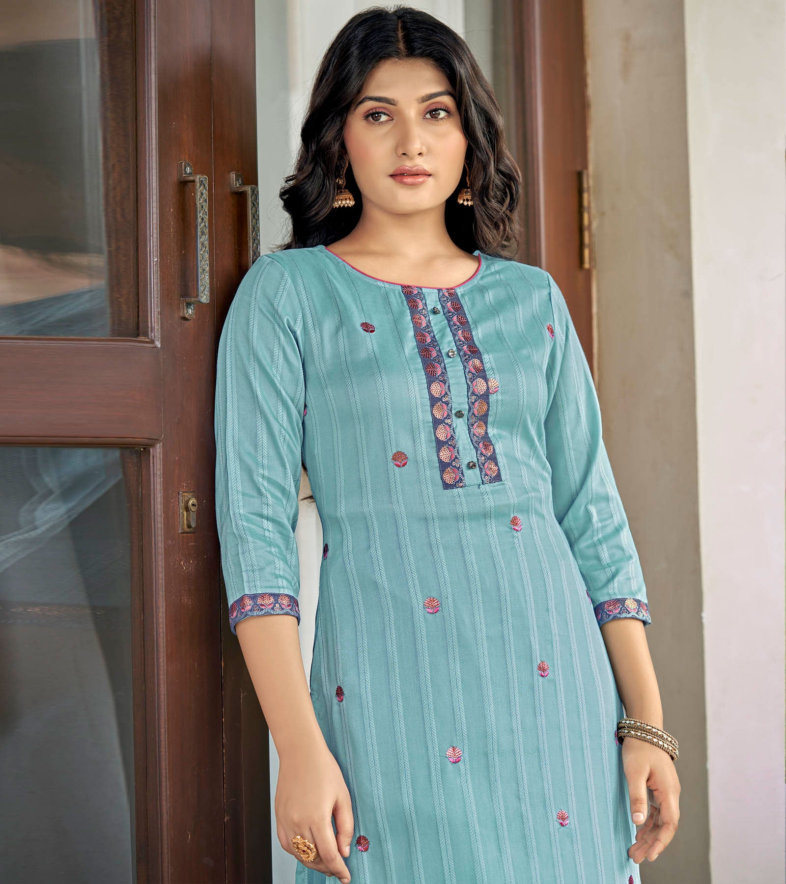 Laxmipati Nylon Cotton Sky Blue Embroidery Sequence Kurti With Pant