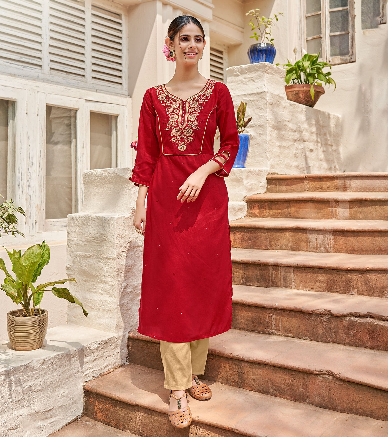 Laxmipati Muslin Rosy Red Straight Cut Kurti With Embroidered Work