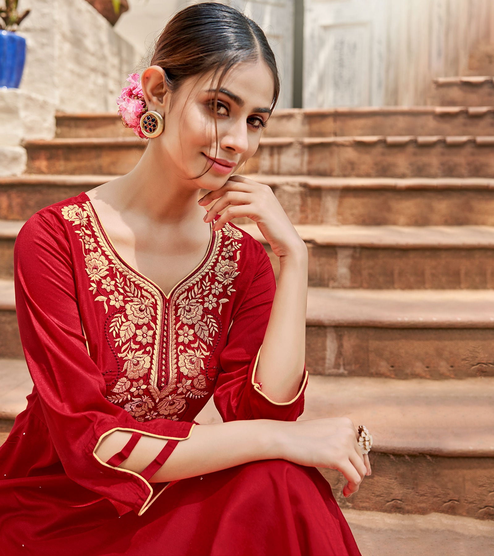 Laxmipati Muslin Rosy Red Straight Cut Kurti With Embroidered Work