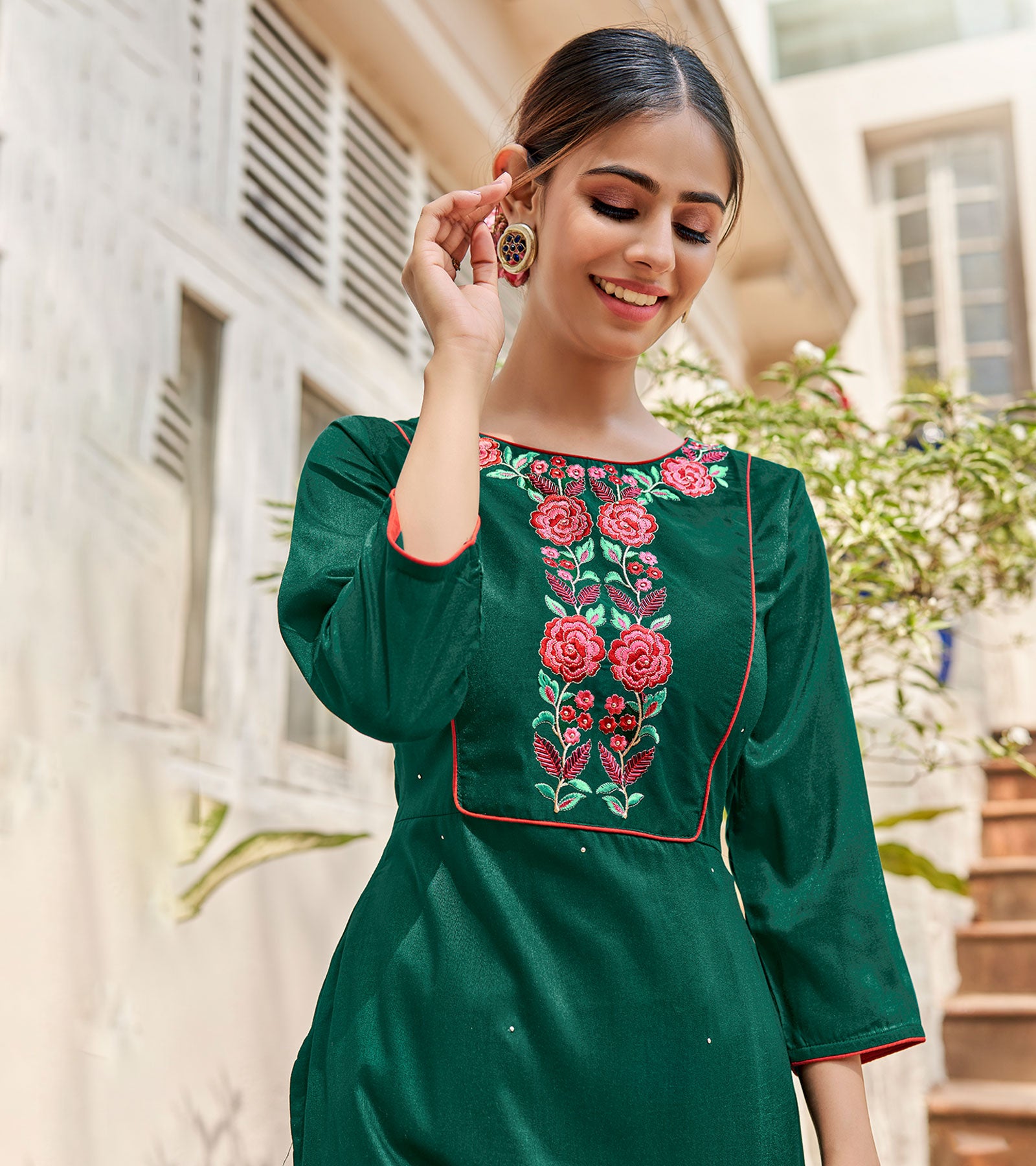 Laxmipati Muslin Leaf Green Straight Cut Kurti With Embroidered Work