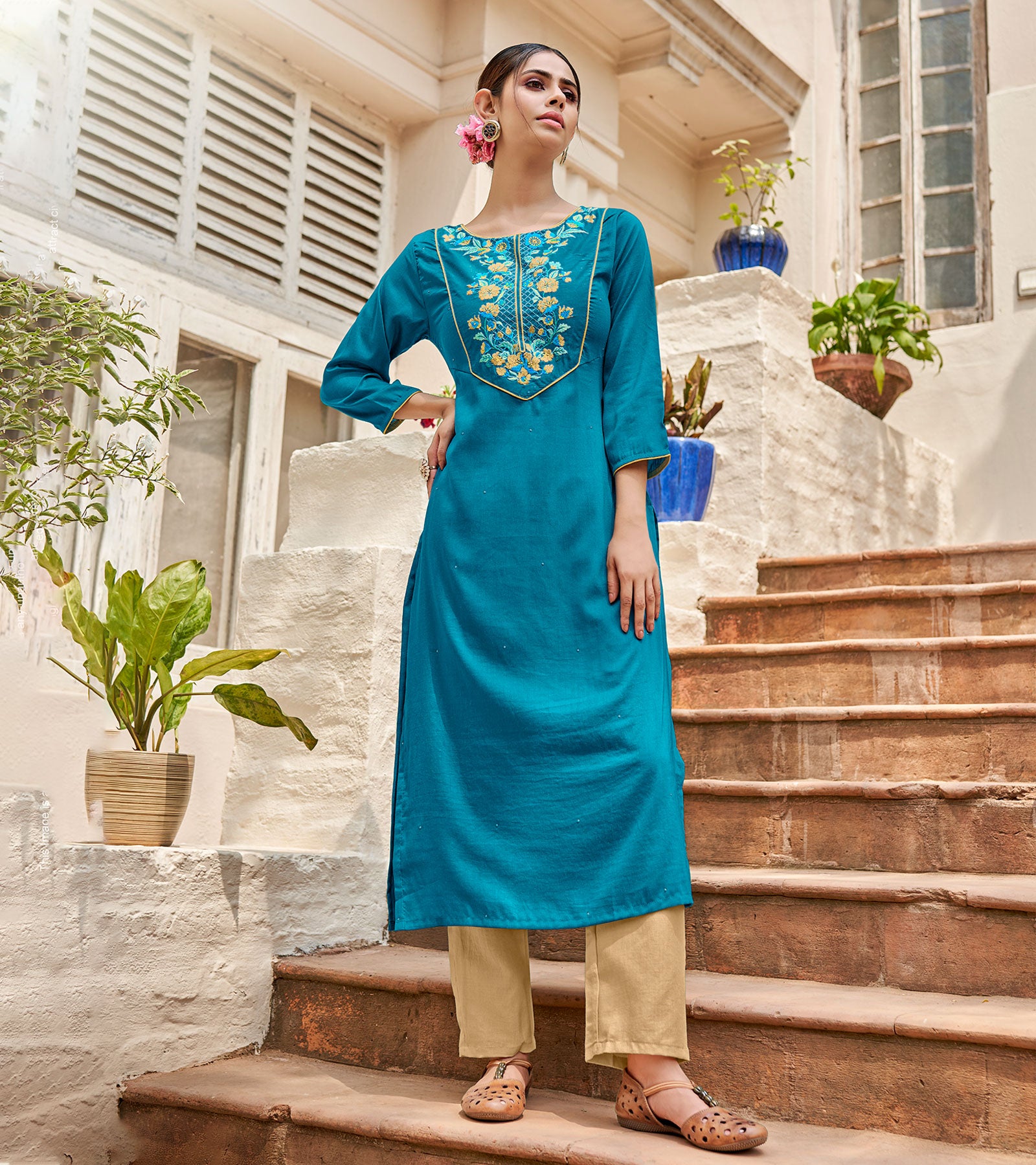 Laxmipati Muslin Blinking Blue Straight Cut Kurti With Embroidered Work