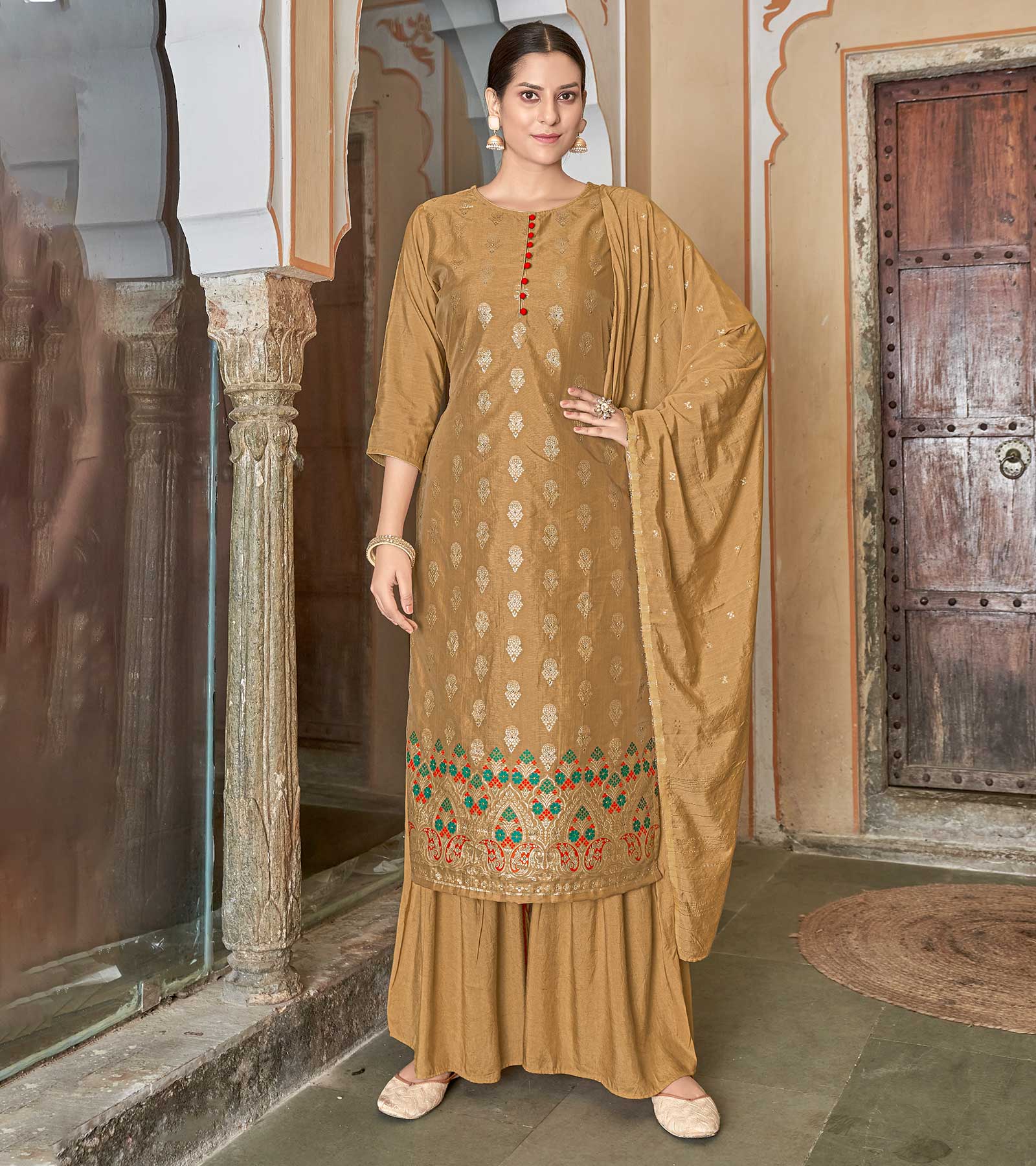 Laxmipati Viscose Chanderi Multani Brown Viscose Chanderi Butti Top With Sharara And Fancy Viscose Duppata