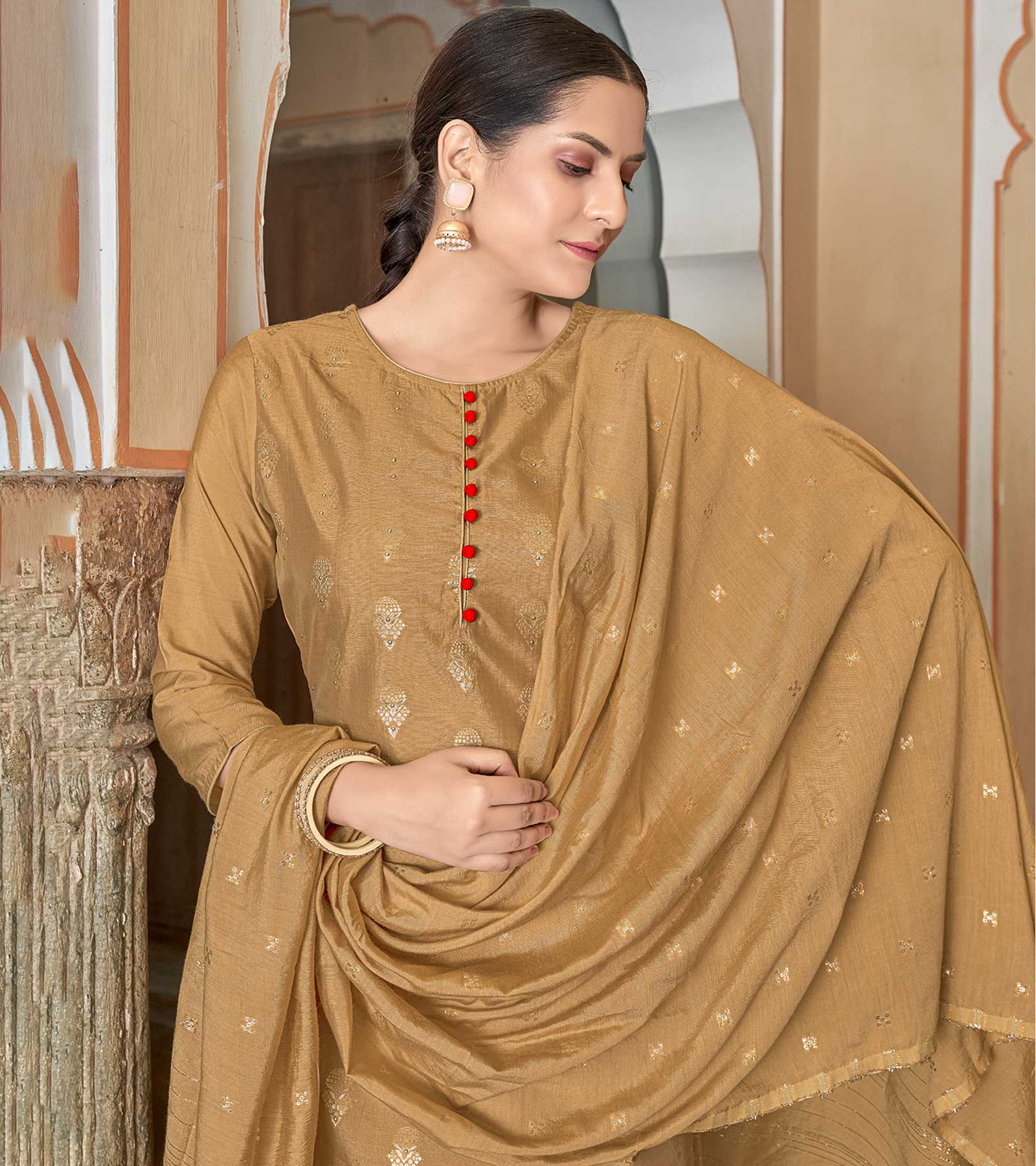 Laxmipati Viscose Chanderi Multani Brown Viscose Chanderi Butti Top With Sharara And Fancy Viscose Duppata