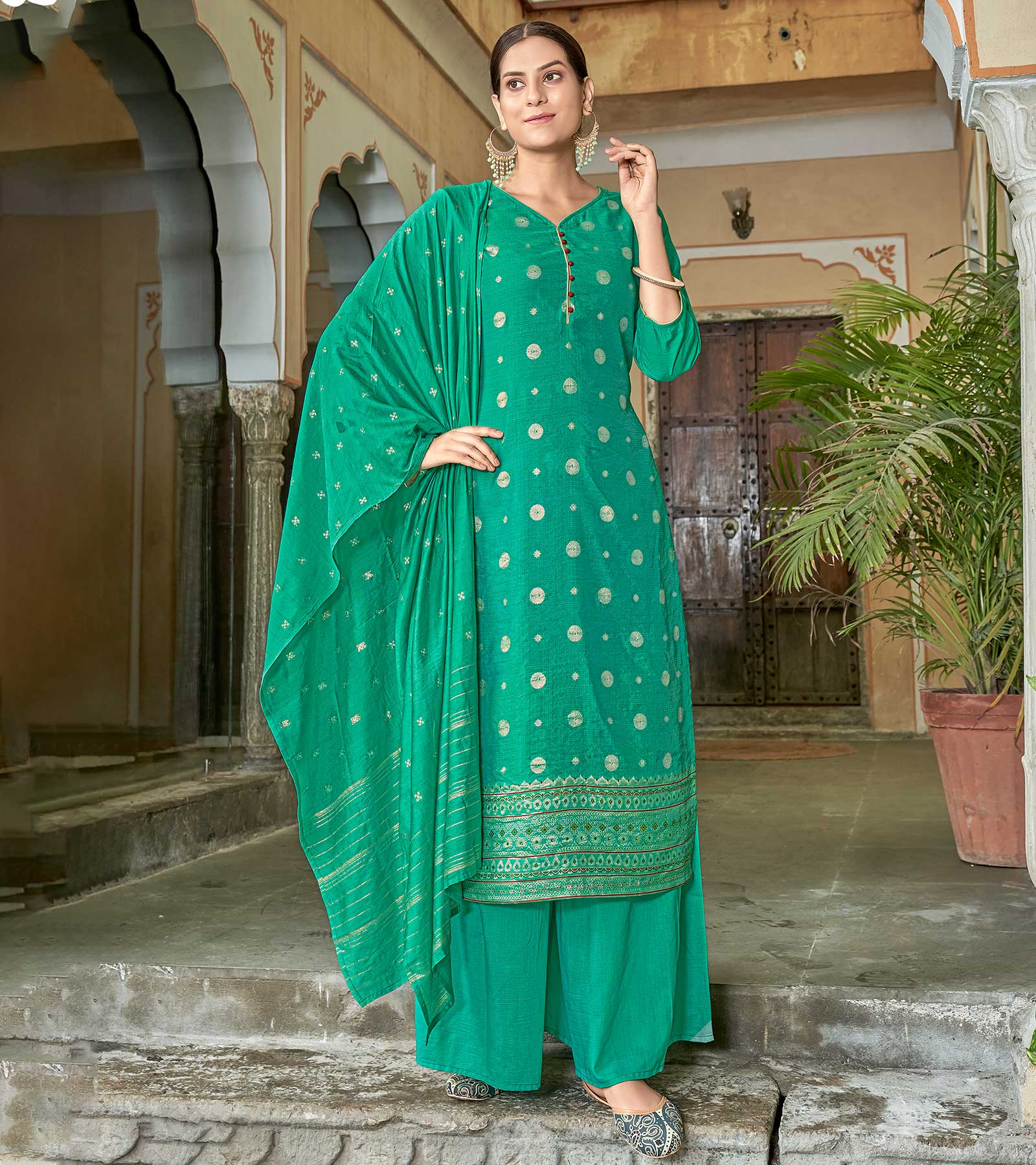 Laxmipati Viscose Chanderi Sea Green Viscose Chanderi Butti Top With Sharara And Fancy Viscose Duppata