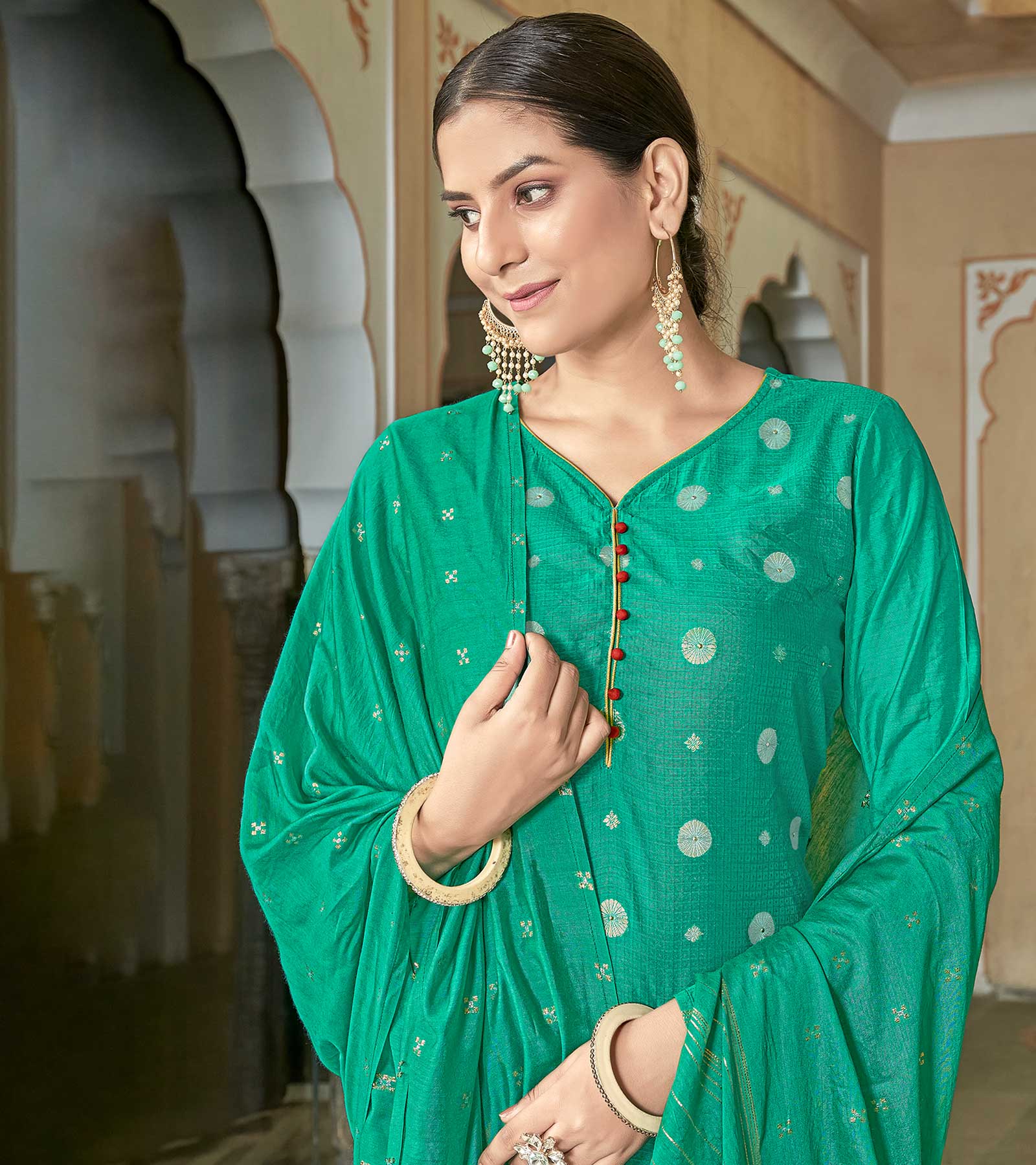 Laxmipati Viscose Chanderi Sea Green Viscose Chanderi Butti Top With Sharara And Fancy Viscose Duppata