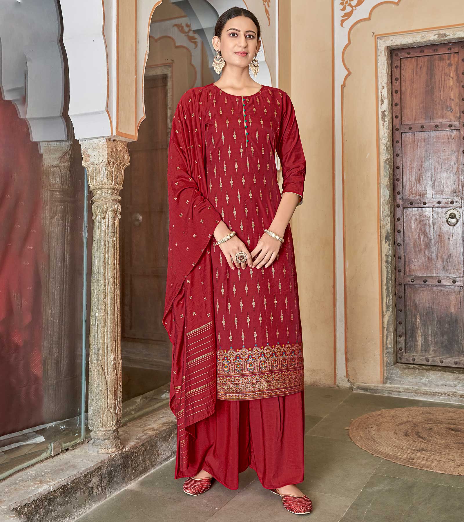 Laxmipati Viscose Chanderi Red Viscose Chanderi Butti Top With Sharara And Fancy Viscose Duppata