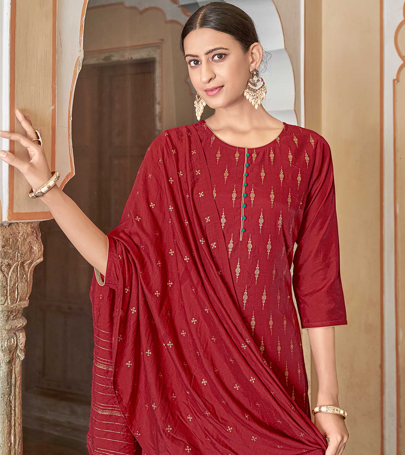 Laxmipati Viscose Chanderi Red Viscose Chanderi Butti Top With Sharara And Fancy Viscose Duppata