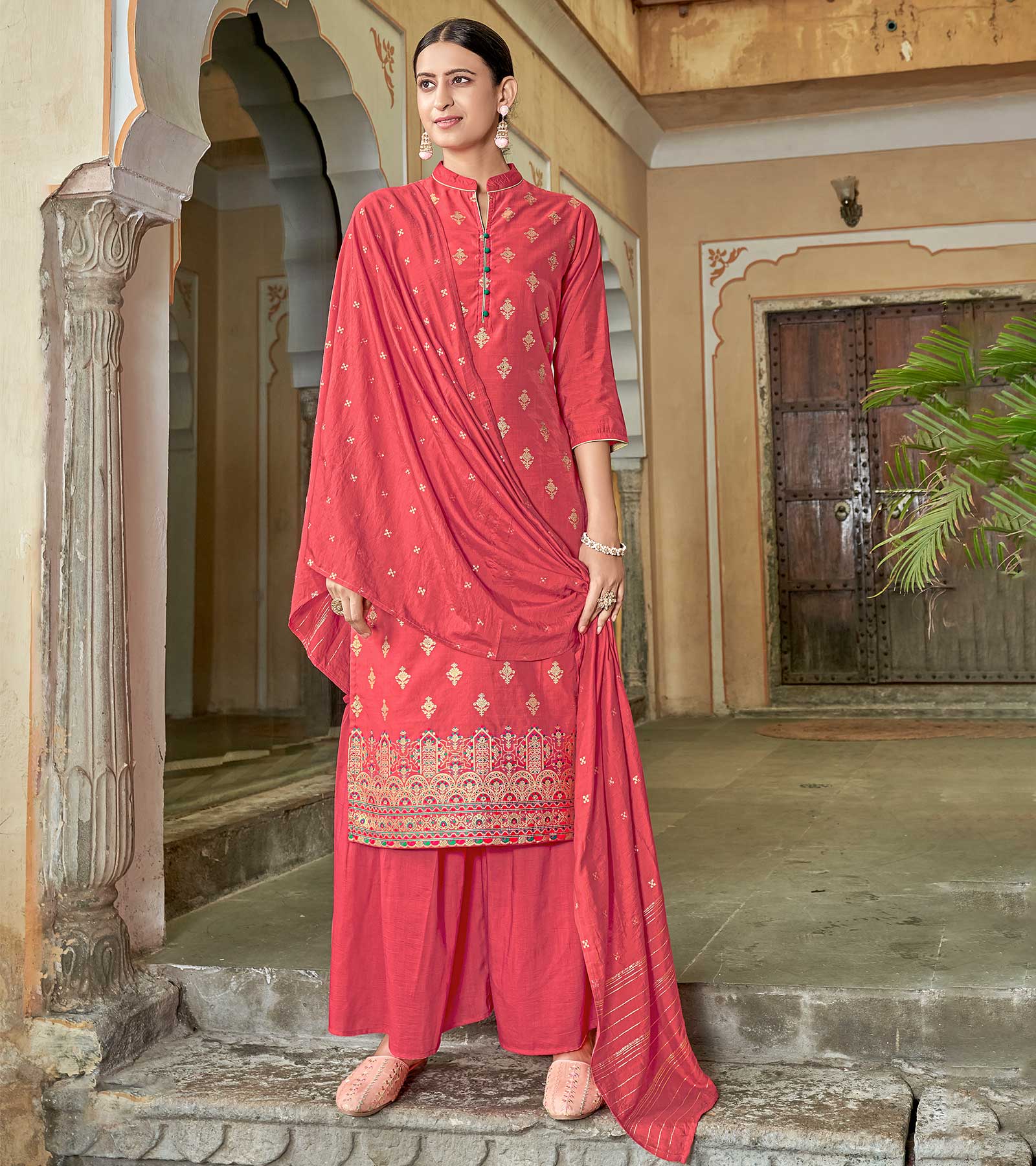 Laxmipati Viscose Chanderi Dark Peach Viscose Chanderi Butti Top With Sharara And Fancy Viscose Duppata