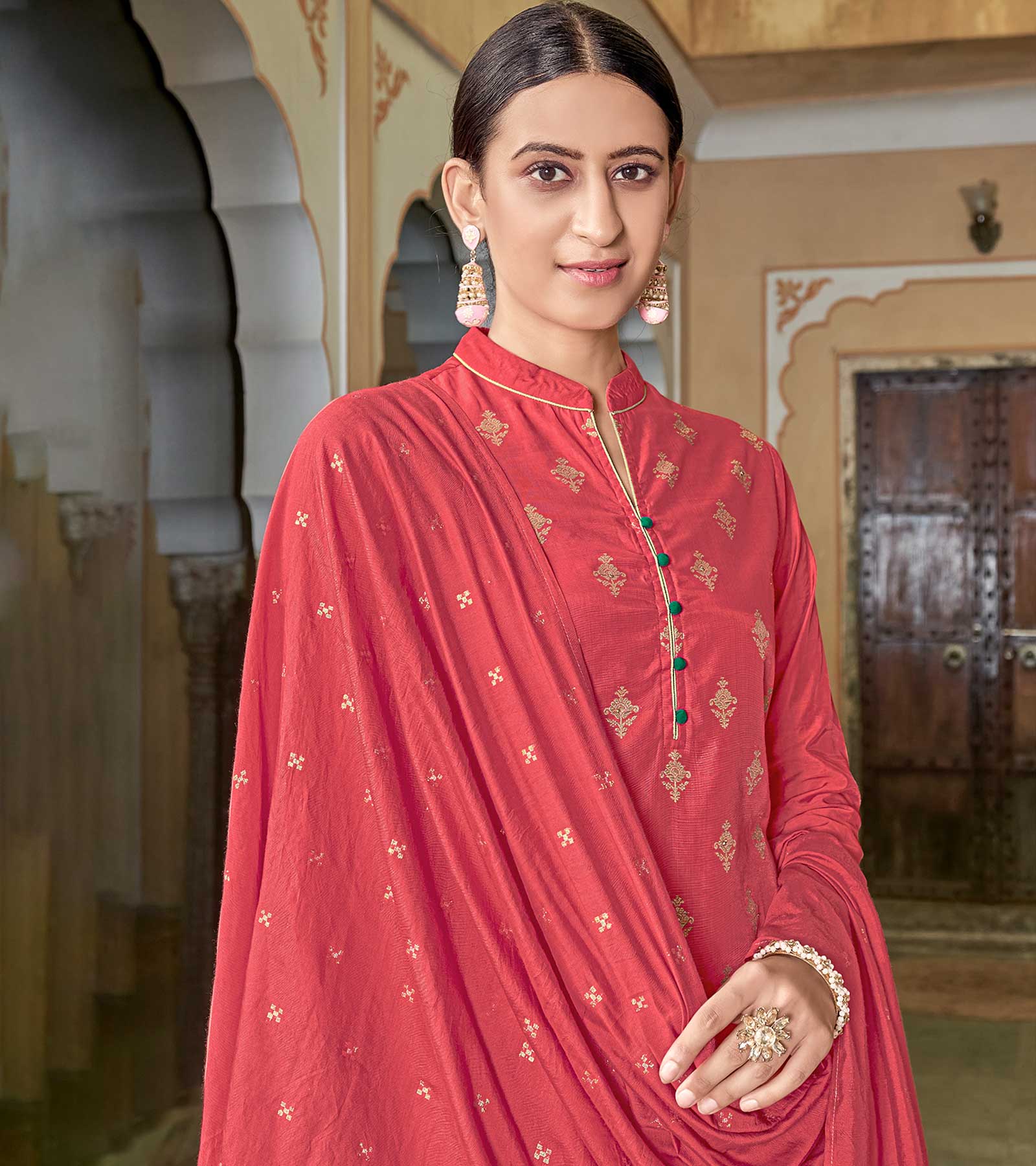 Laxmipati Viscose Chanderi Dark Peach Viscose Chanderi Butti Top With Sharara And Fancy Viscose Duppata