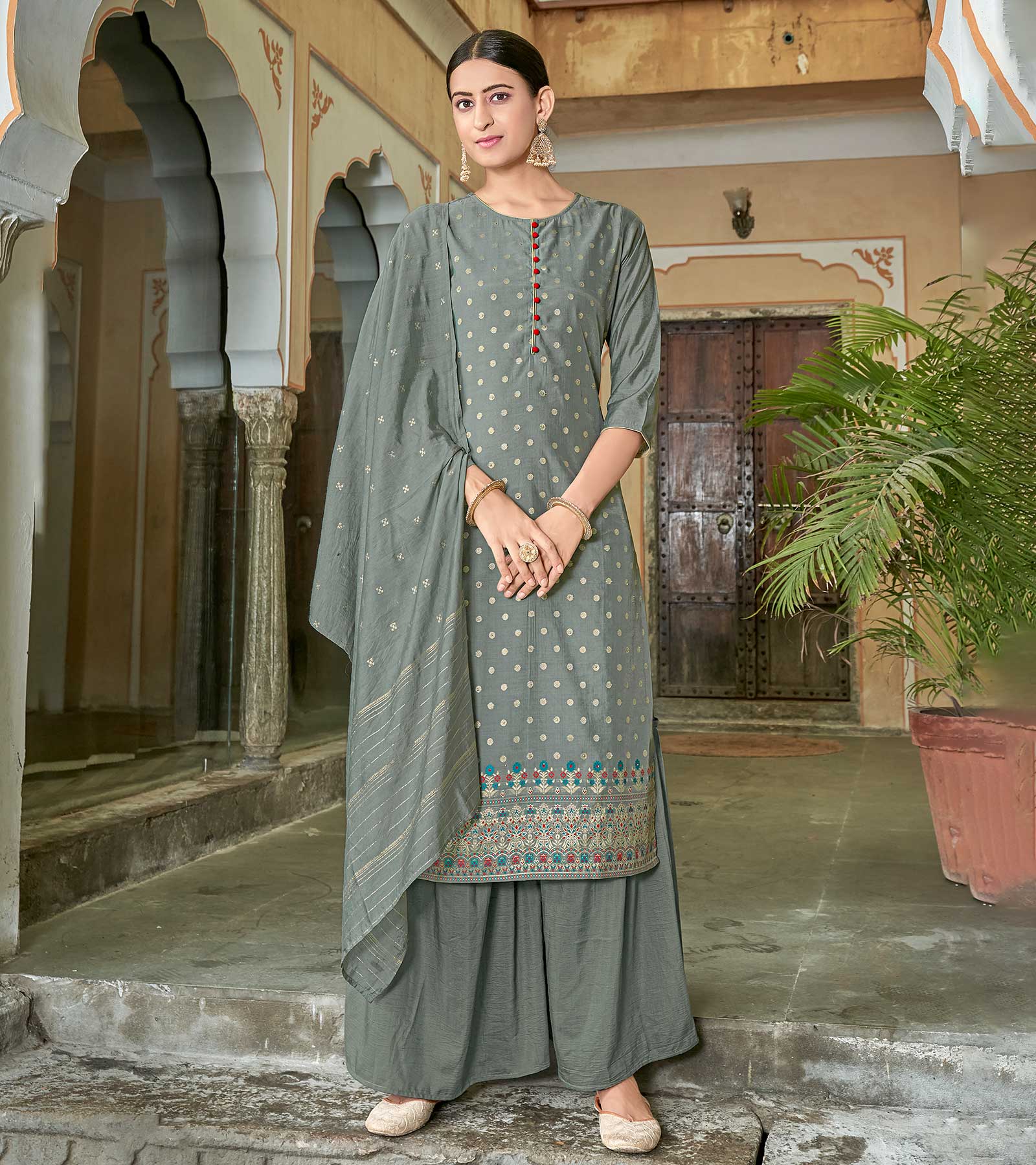 Laxmipati Viscose Chanderi Grey Viscose Chanderi Butti Top With Sharara And Fancy Viscose Duppata