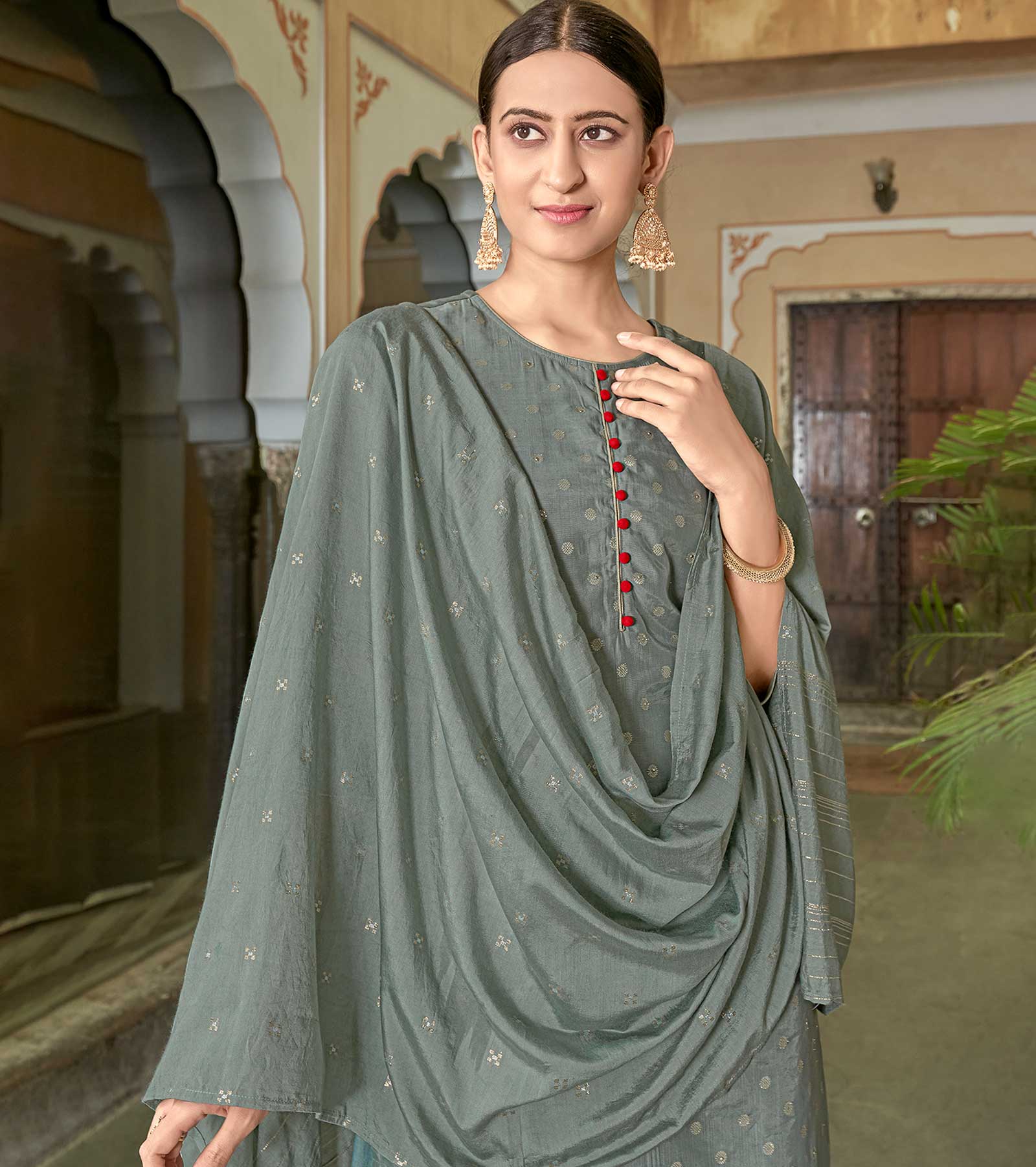 Laxmipati Viscose Chanderi Grey Viscose Chanderi Butti Top With Sharara And Fancy Viscose Duppata
