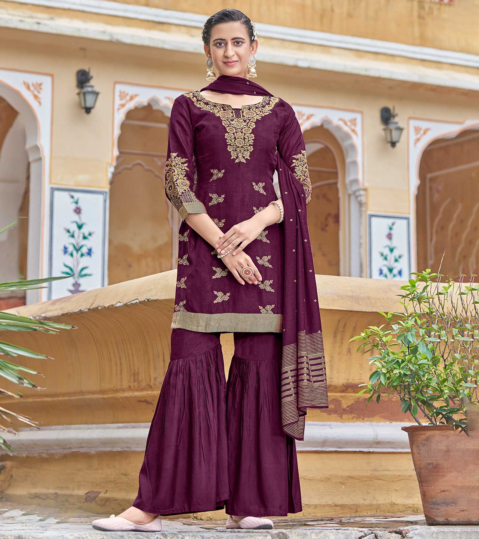 LAXMIPATI VISCOSE RAYON SILK VOILET HANDWORK STRAIGHT KURTI WITH SHARARA AND FANCY VISCOSS DUPATTA