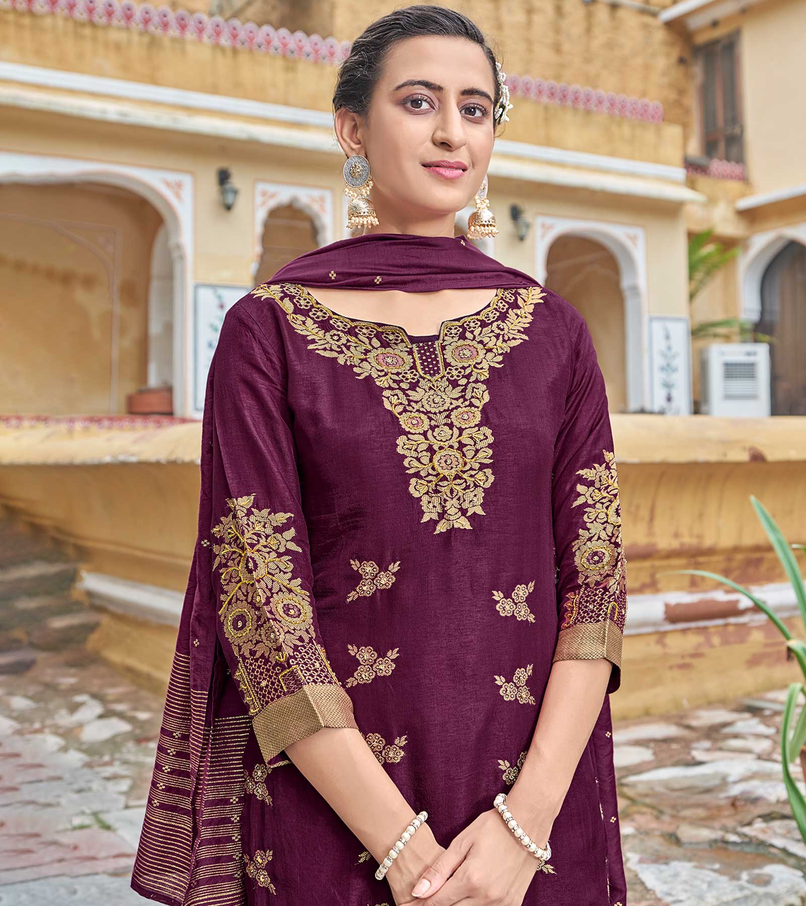 LAXMIPATI VISCOSE RAYON SILK VOILET HANDWORK STRAIGHT KURTI WITH SHARARA AND FANCY VISCOSS DUPATTA