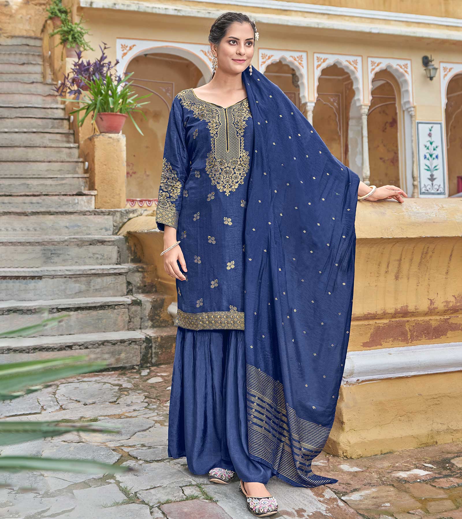 LAXMIPATI VISCOSE RAYON SILK BLUE HANDWORK STRAIGHT KURTI WITH SHARARA AND FANCY VISCOSE DUPATTA