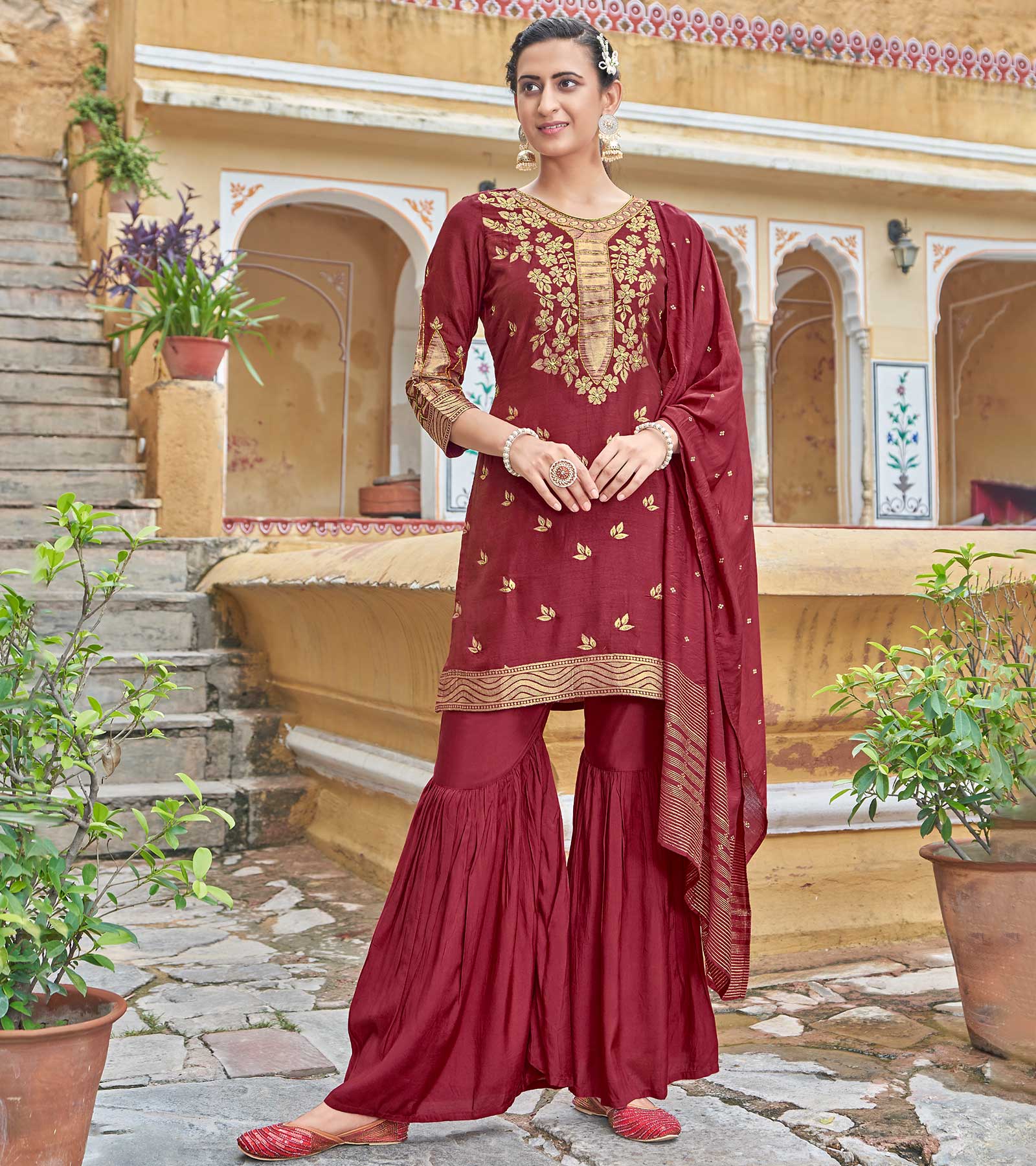 LAXMIPATI VISCOSE RAYON SILK MAROON HANDWORK STRAIGHT KURTI WITH SHARARA AND FANCY VISCOSE DUPATTA