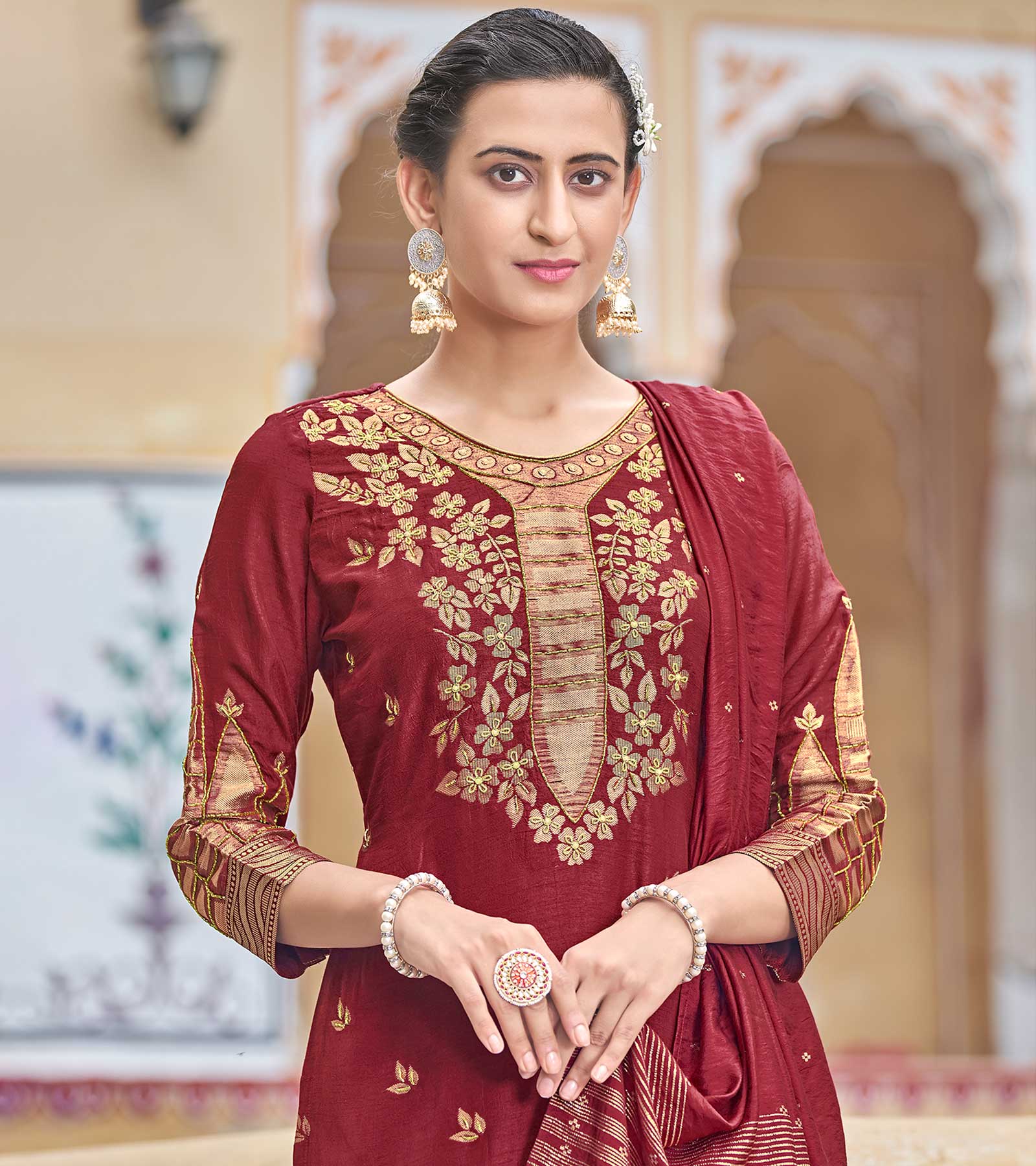 LAXMIPATI VISCOSE RAYON SILK MAROON HANDWORK STRAIGHT KURTI WITH SHARARA AND FANCY VISCOSE DUPATTA