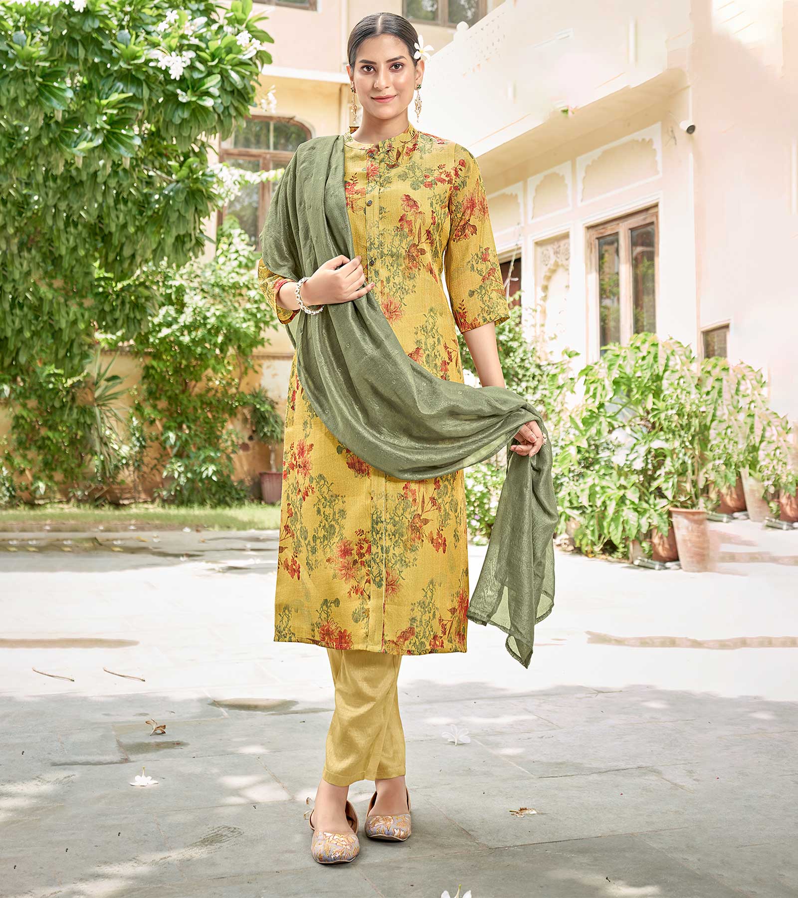 Laxmipati Viscose Luminuos Yellow Viscose Digital Print Kurti With Pant & Dupatta