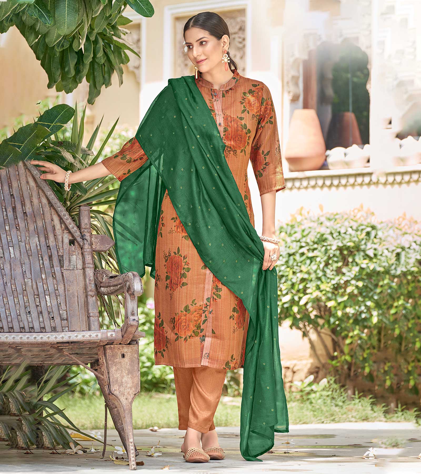 Laxmipati Viscose Jasper Brown Viscose Digital Print Kurti With Pant & Dupatta