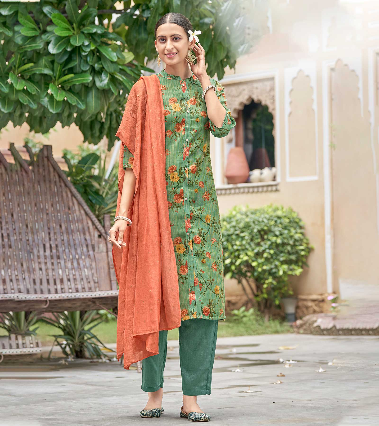 Laxmipati Viscose Opal Green Viscose Digital Print Kurti With Pant & Dupatta