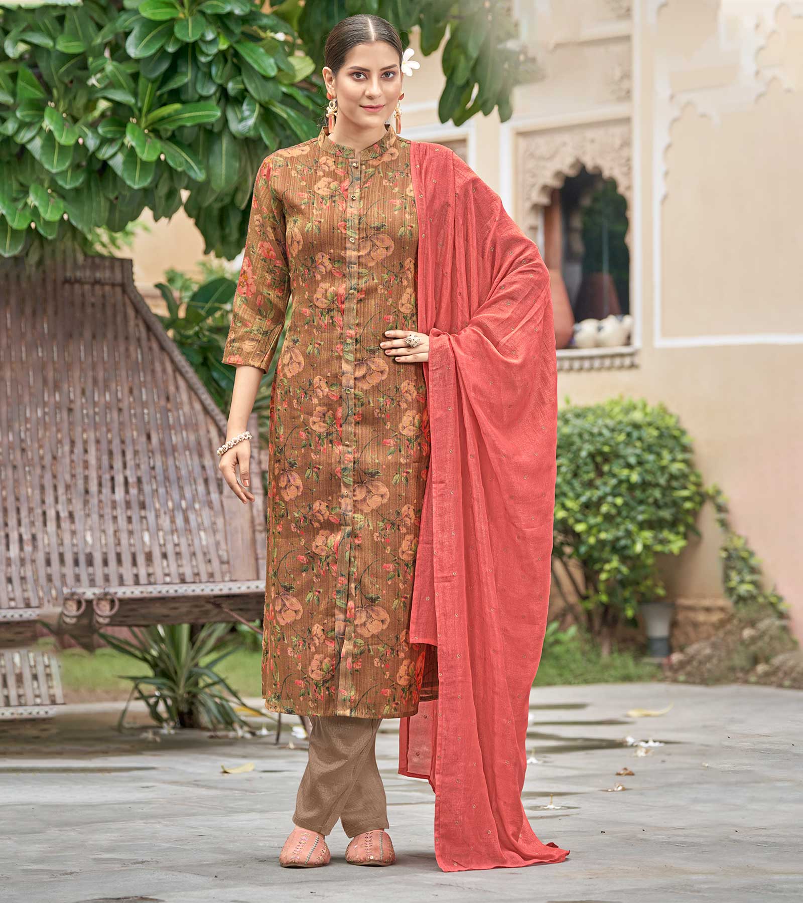 Laxmipati Viscose Apricot Crush Viscose Digital Print Kurti With Pant & Dupatta