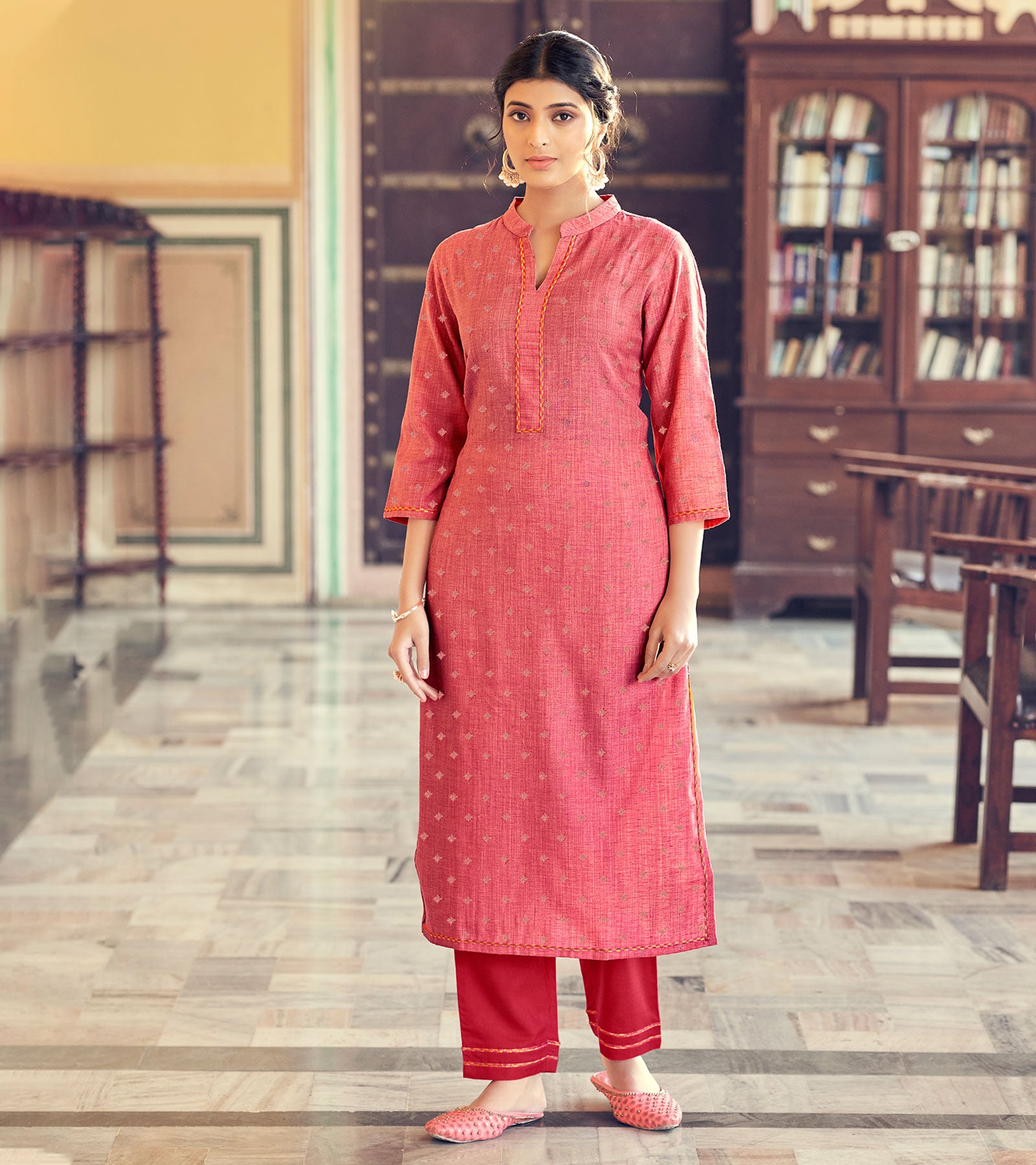 Laxmipati Cotton Blend Watermelon Pink Straight Cut Kurti With Pant