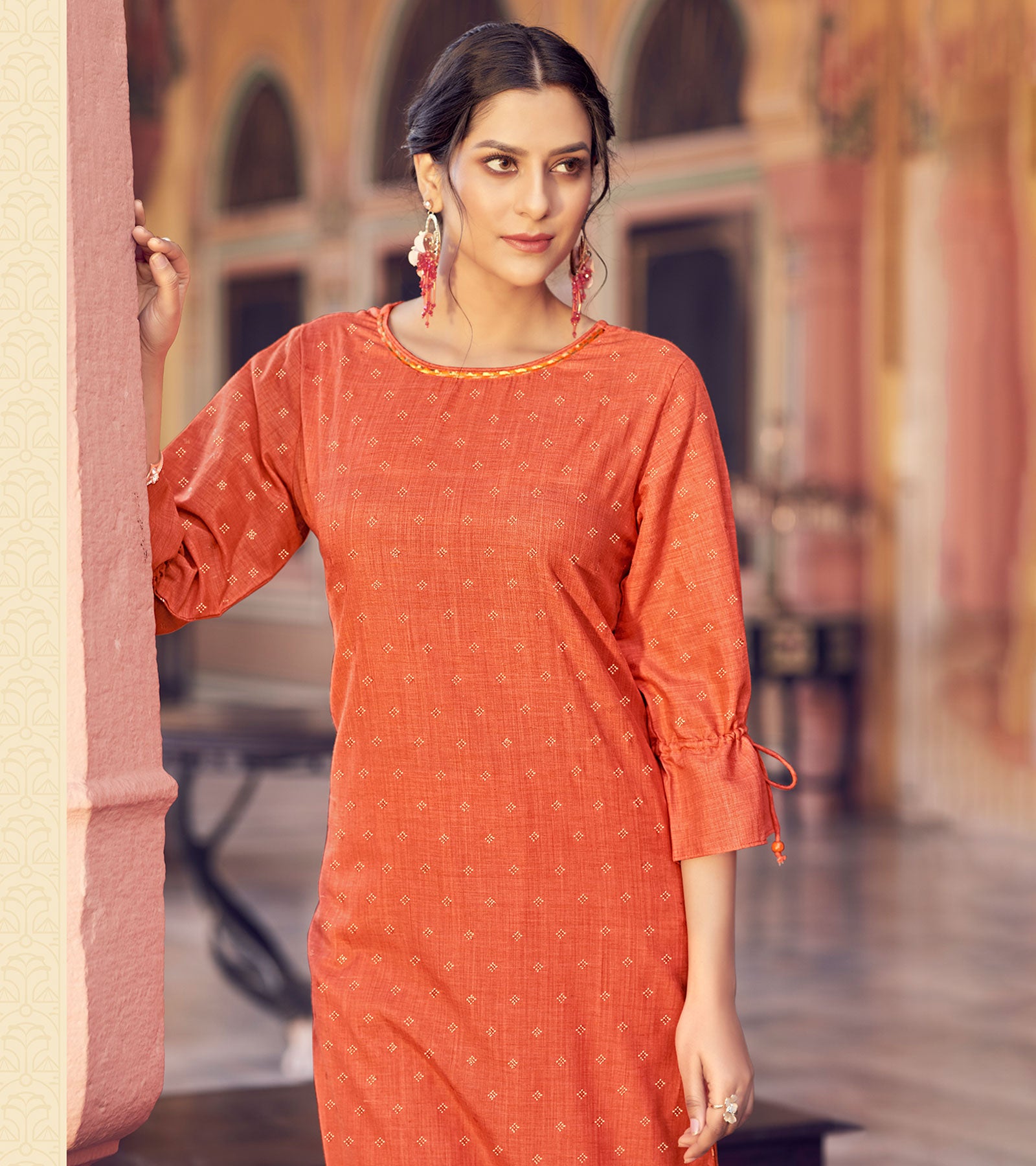 Laxmipati Cotton Blend Pumpkin Orange Straight Cut Kurti With Pant