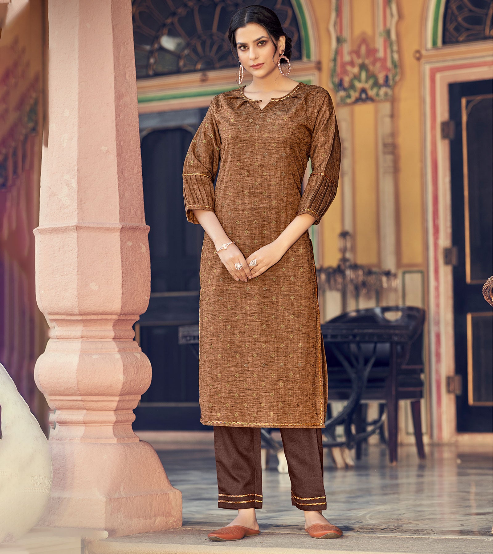 Laxmipati Cotton Blend Rust Brown Straight Cut Kurti With Pant