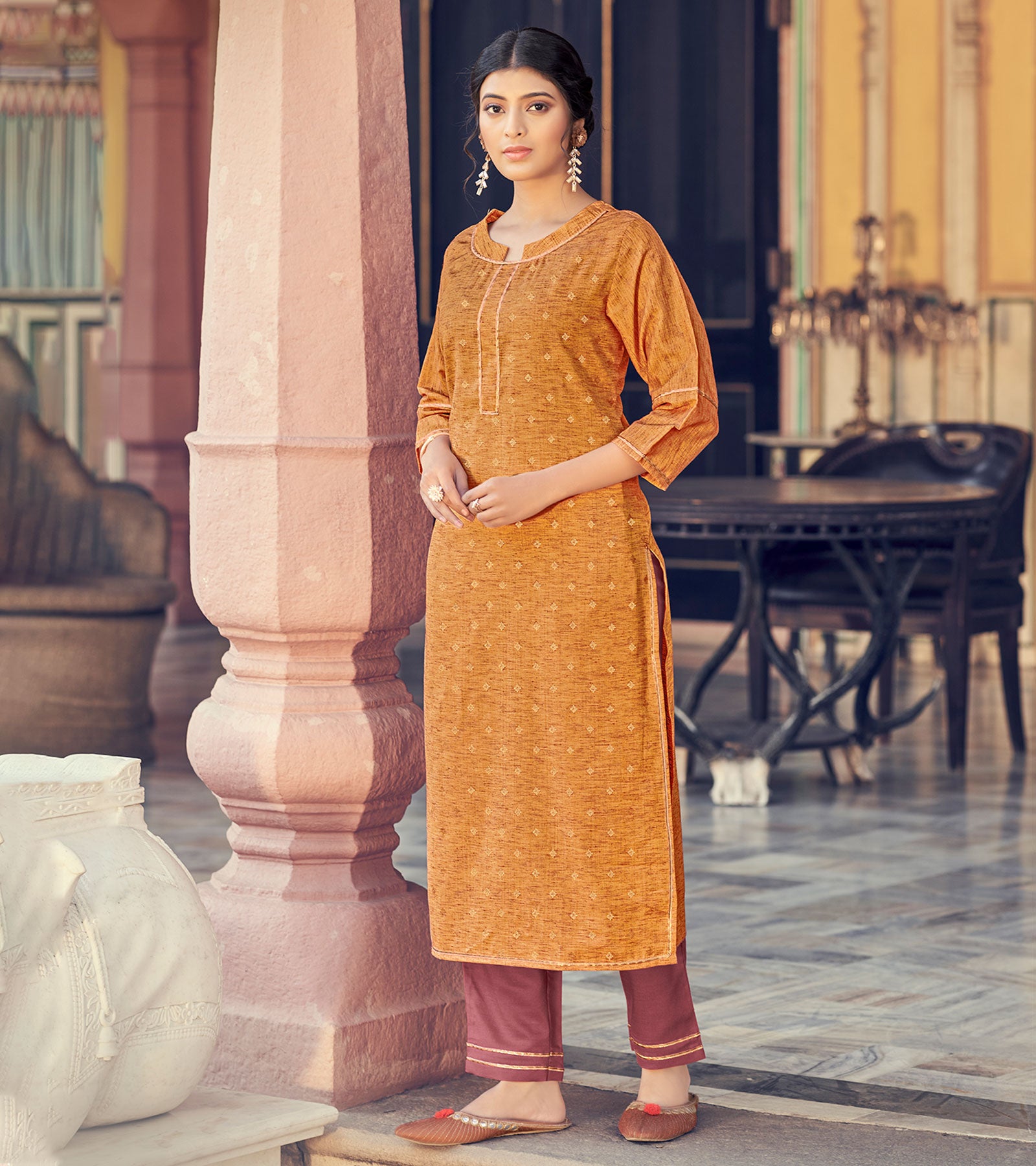 Laxmipati Cotton Blend Copper Yellow Straight Cut Kurti With Pant