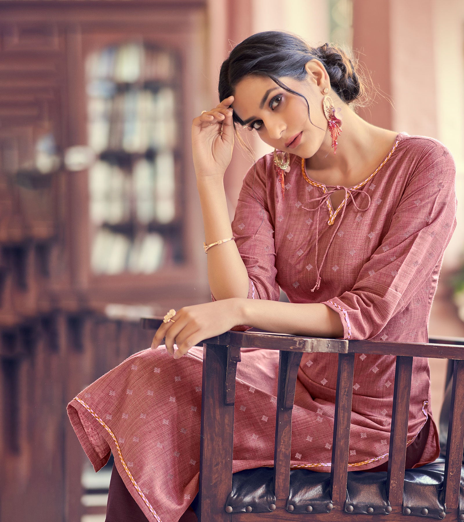 Laxmipati Cotton Blend Tan Pink Straight Cut Kurti With Pant