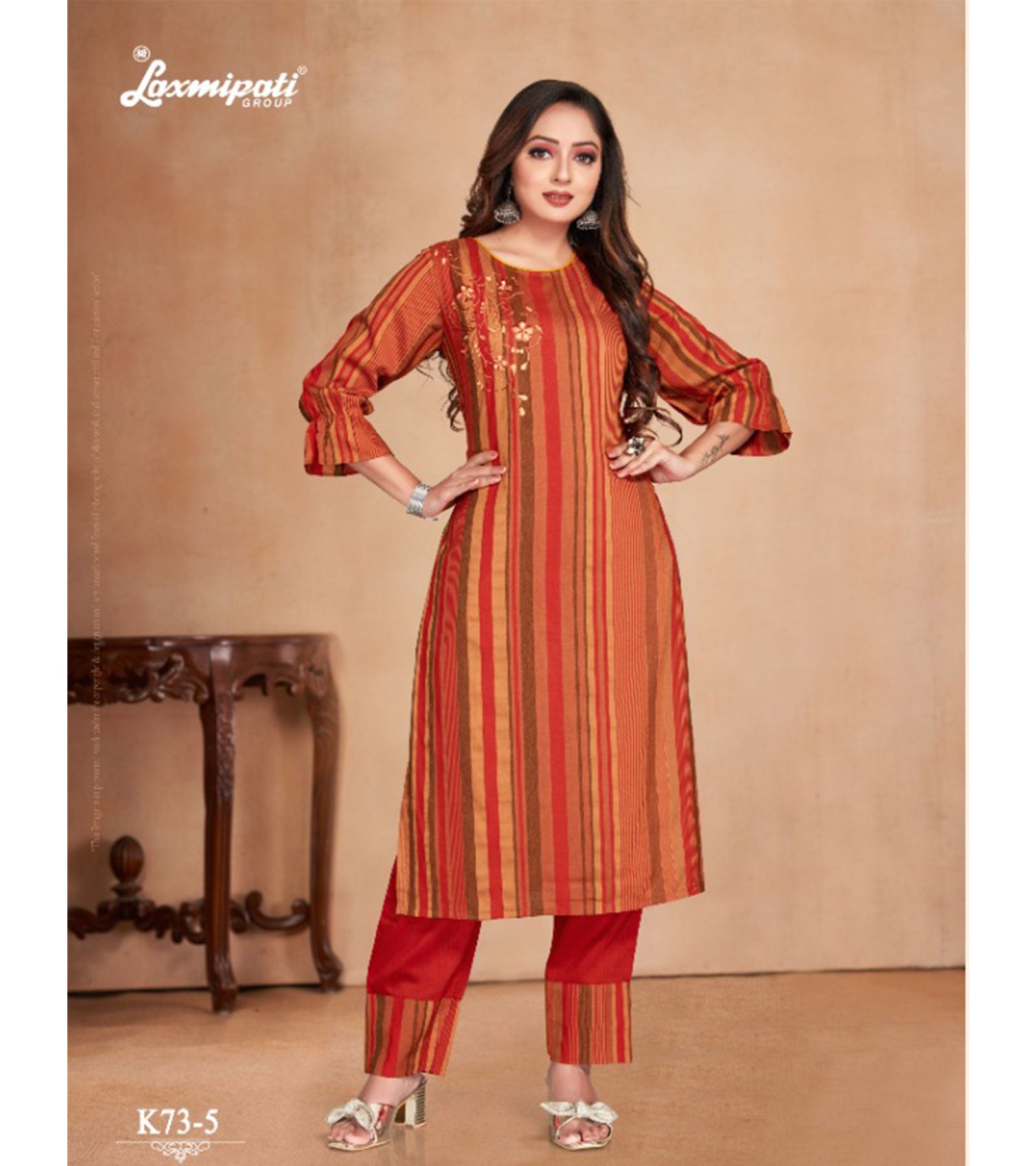 Laxmipati Anokhi Icloude Vermilion Straight Cut Kurti With Pant