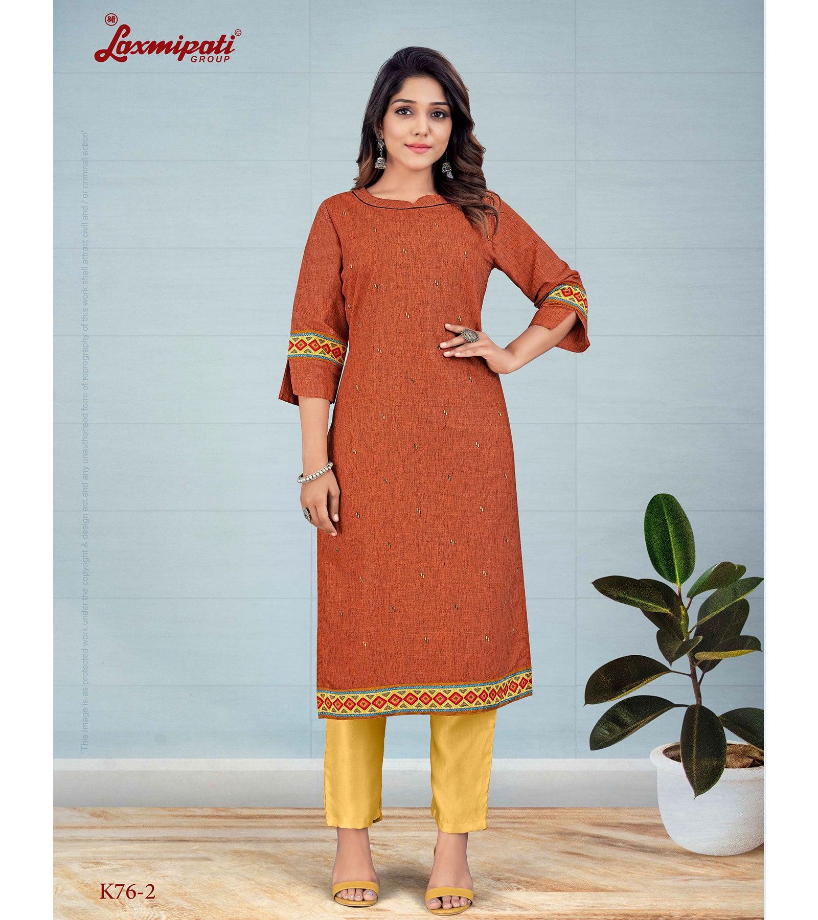 Laxmipati Avani Black Silk Burnt Orange Straight Cut Kurti