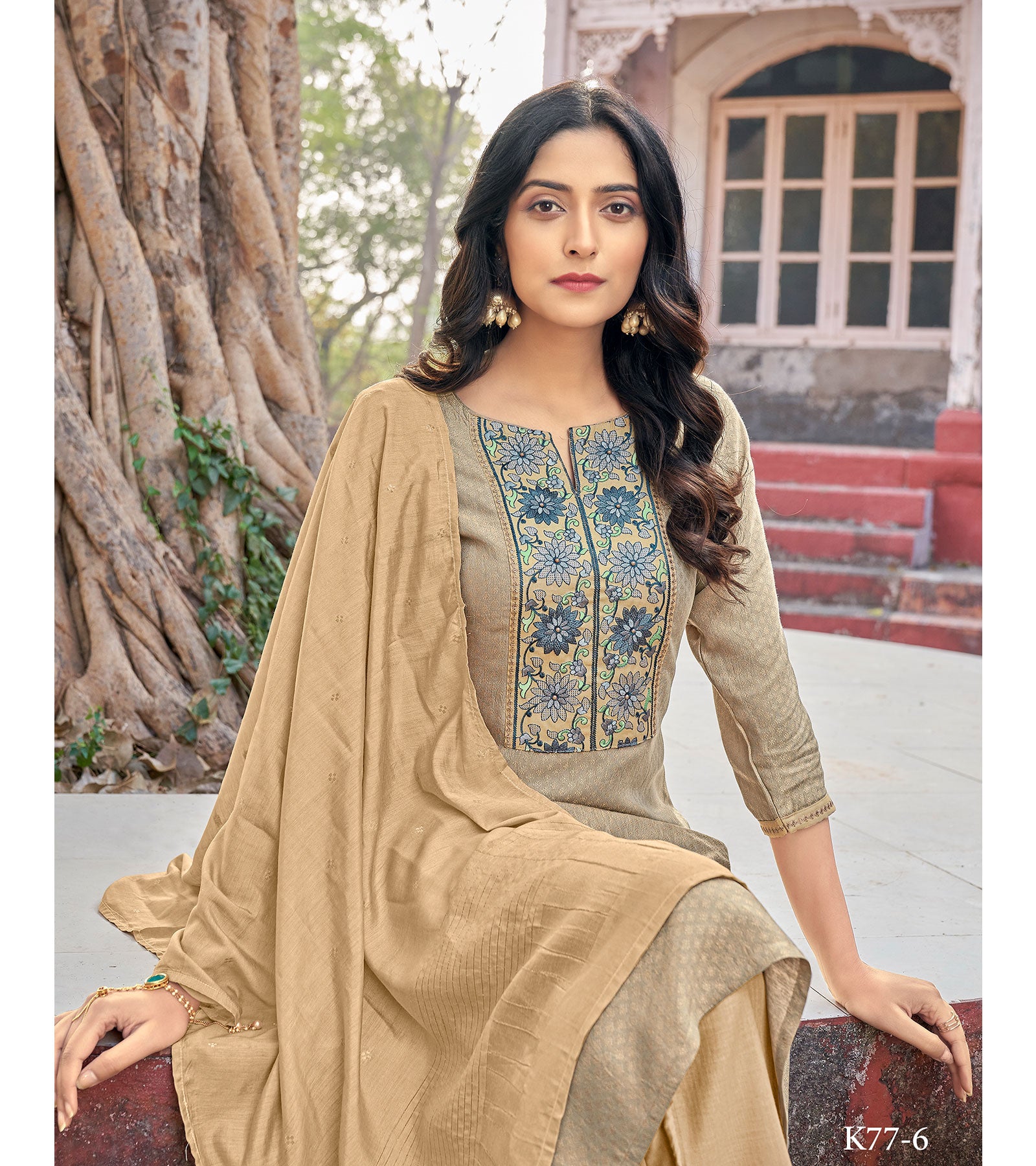 Laxmipati Jiya Spun Base Fabric Hazel Wood Straight Cut Kurti With Pant & Dupatta
