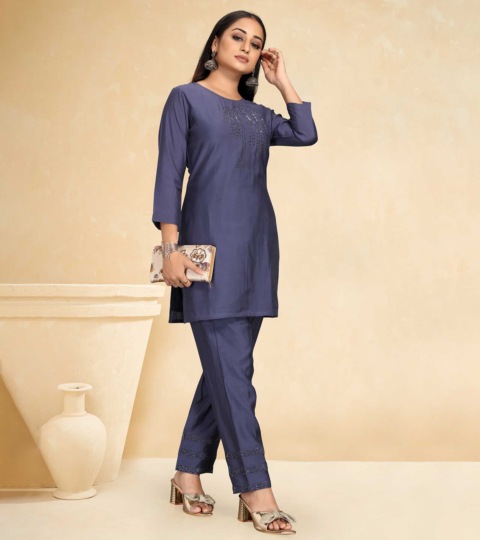 Laxmipati Cotton Silk Blue Coord Set Stone Design Top With Straight Pant