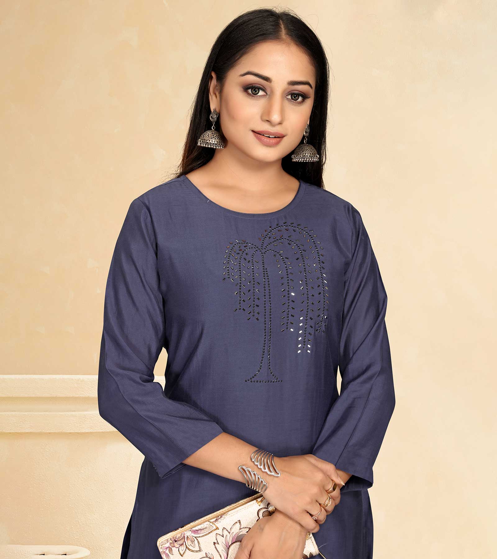 Laxmipati Cotton Silk Blue Coord Set Stone Design Top With Straight Pant