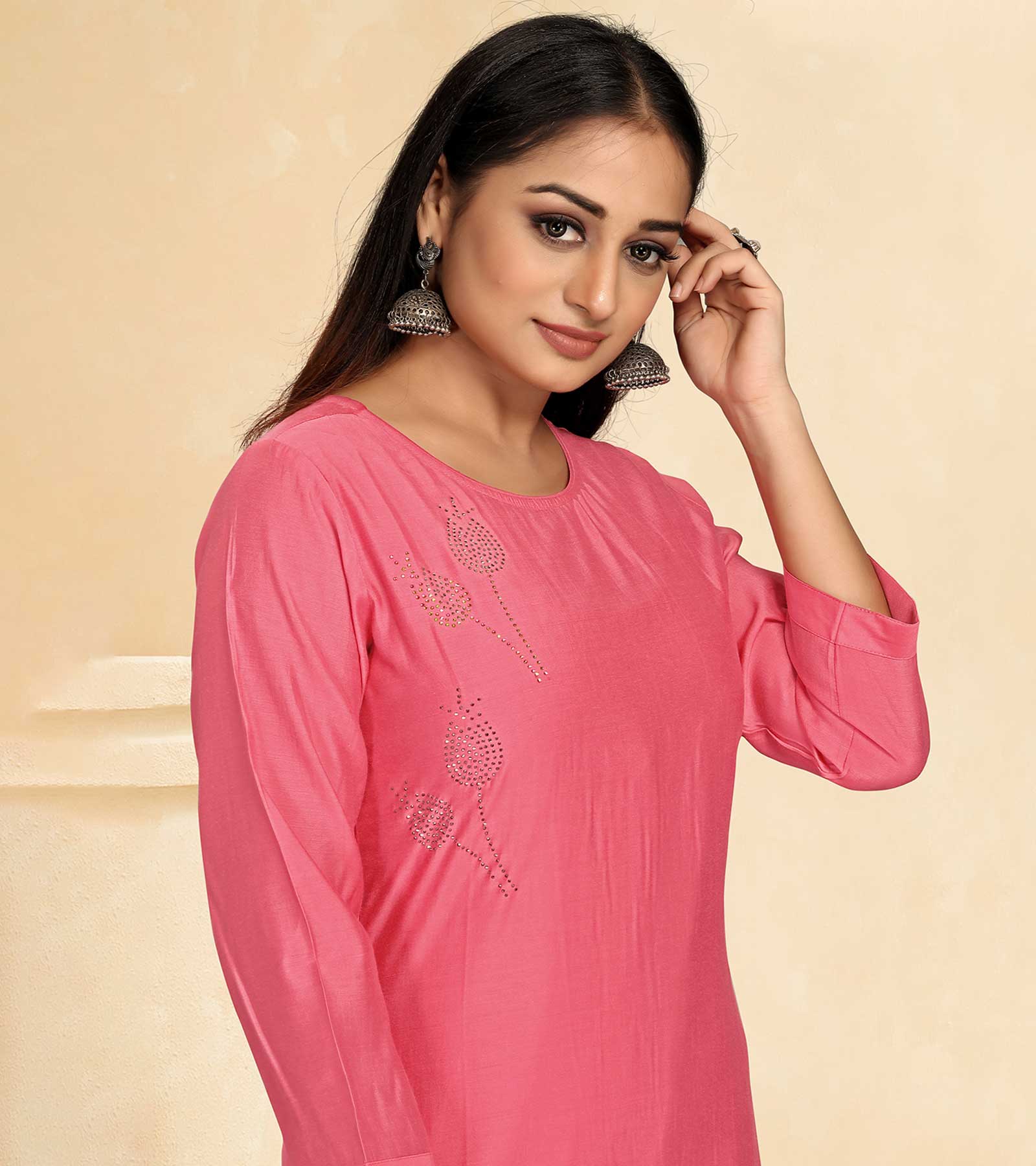 Laxmipati Cotton Silk Peach Coord Set Stone Design Top With Straight Pant