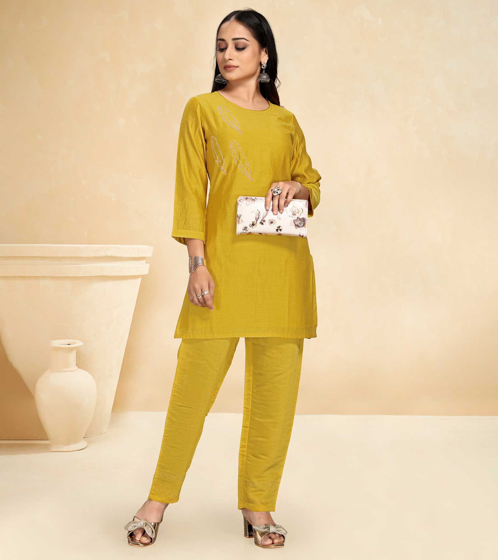 Laxmipati Cotton Silk Yellow Coord Set Stone Design Top With Straight Pant