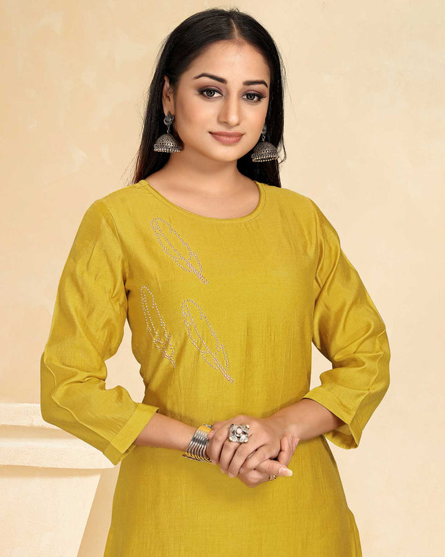 Laxmipati Cotton Silk Yellow Coord Set Stone Design Top With Straight Pant