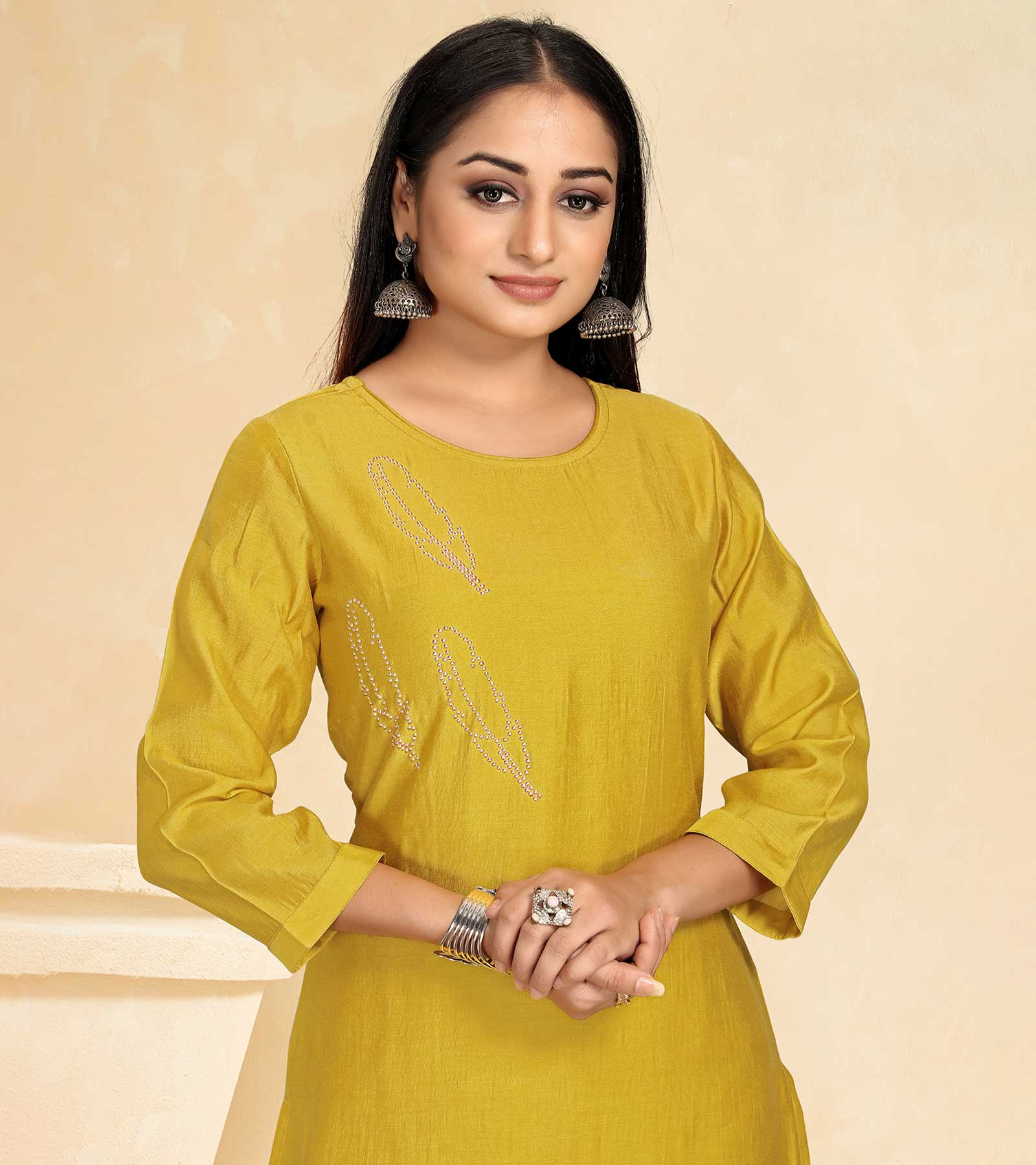 Laxmipati Cotton Silk Yellow Coord Set Stone Design Top With Straight Pant